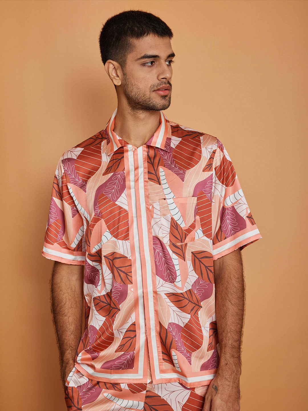 CLUBHAVANA Earthy Drift Comfort Relaxed Fit Floral Printed Premium Soft Satin Casual Shirt