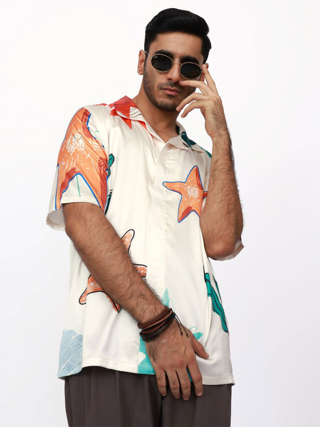 CLUBHAVANA Starfish Symphony Comfort Printed Relaxed Fit Premium Soft Satin Casual Shirt