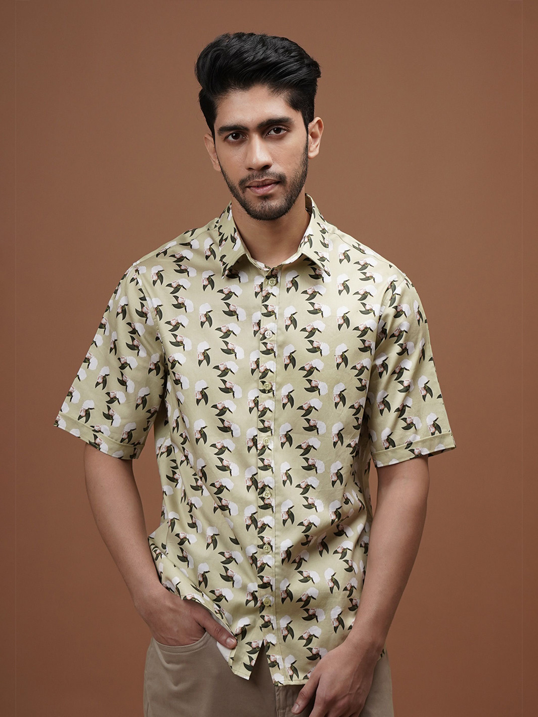 CLUBHAVANA Comfort Fit Petal Parade Printed Spread Collar Cotton Casual Shirt