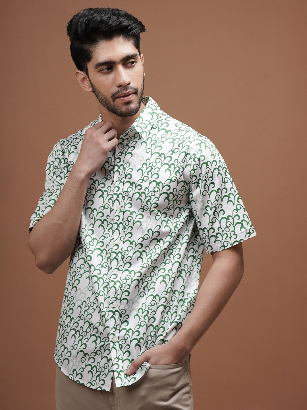 CLUBHAVANA Comfort Fit Leafy Serenade Printed Spread Collar Cotton Casual Shirt