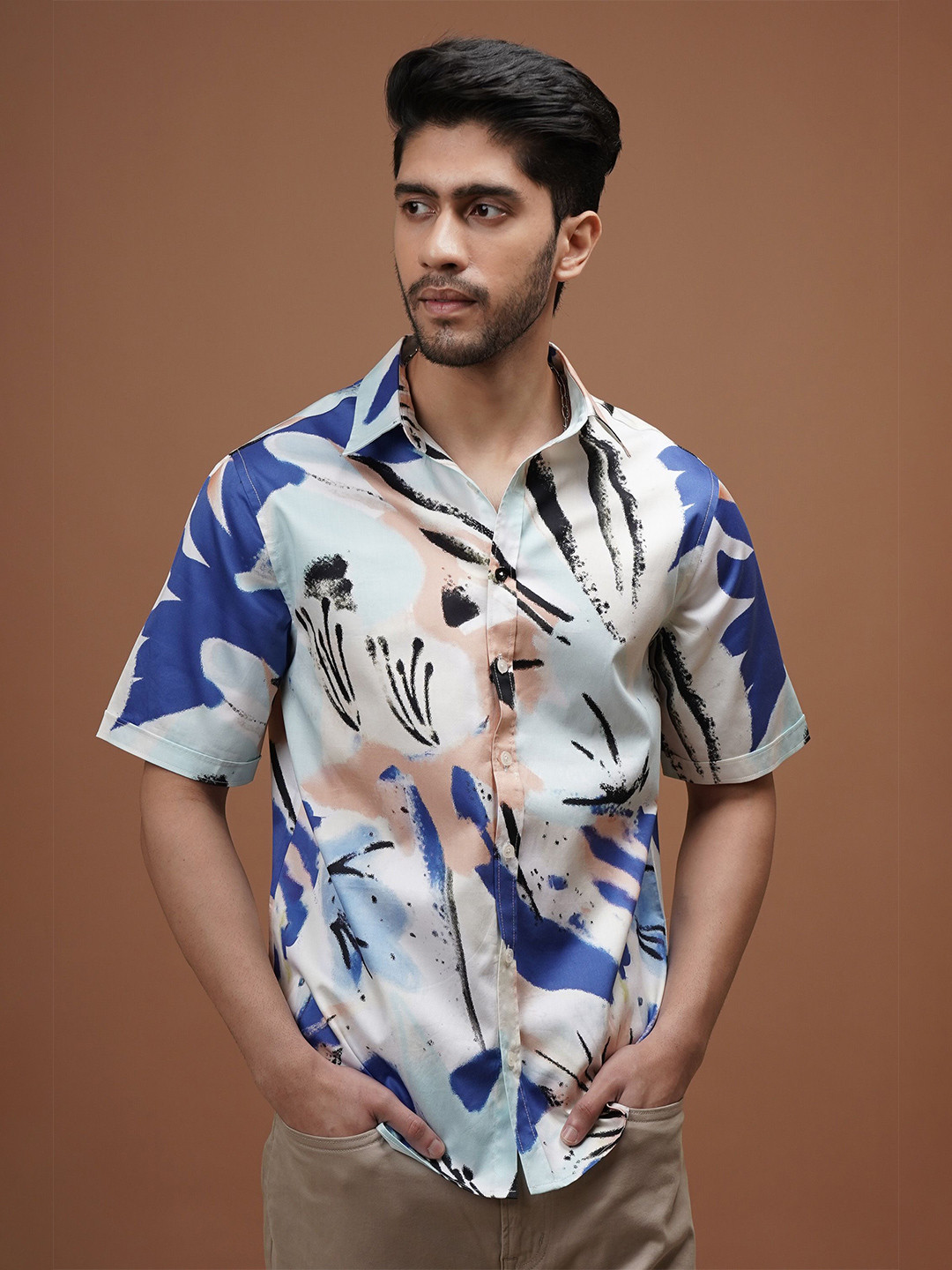 CLUBHAVANA Comfort Fit Verdant Bloom Printed Spread Collar Cotton Casual Shirt