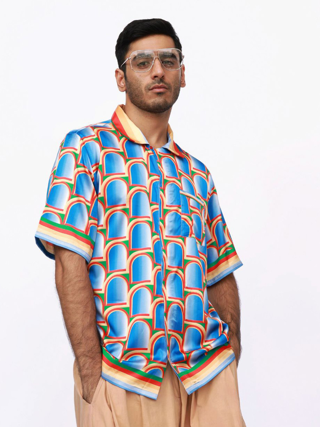 CLUBHAVANA lllusions Comfort Relaxed Fit Geometric Printed Premium Soft Satin Casual Shirt