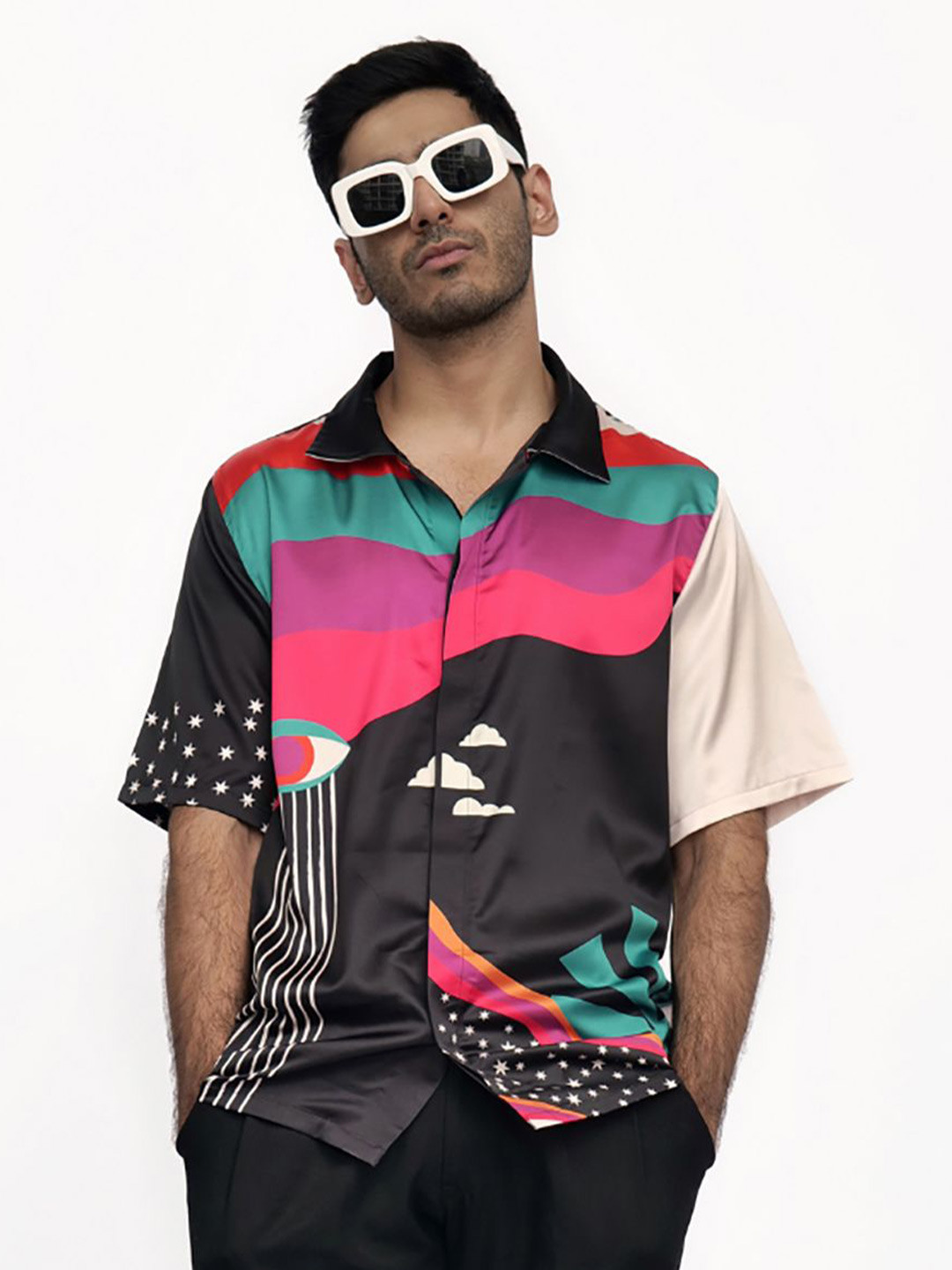CLUBHAVANA Men Cosmic Odyssey Printed Premium Soft Satin Baggy Casual Shirt
