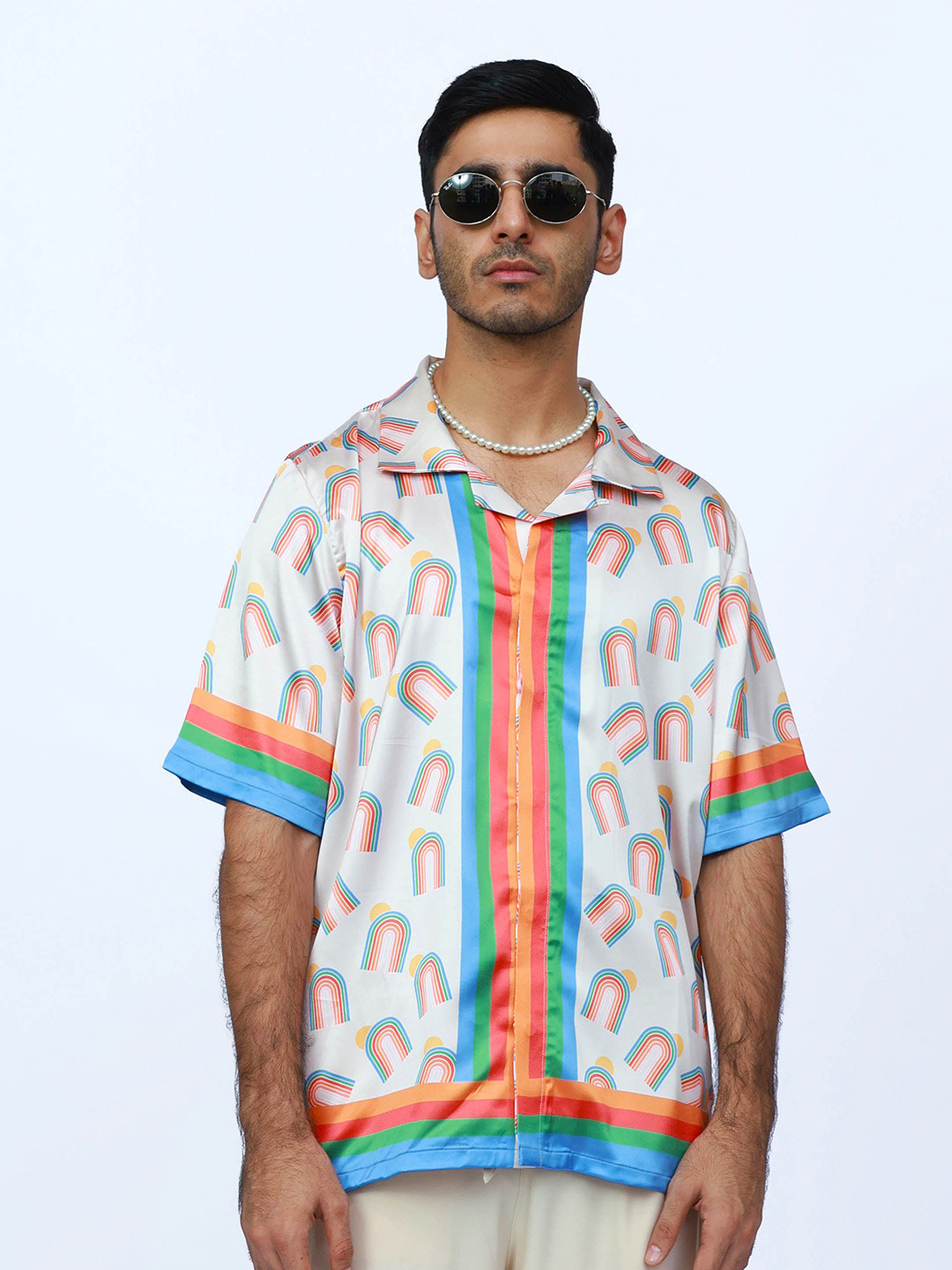 CLUBHAVANA Rainbow Arches Comfort Relaxed Fit Conversational Printed Premium Satin Shirt