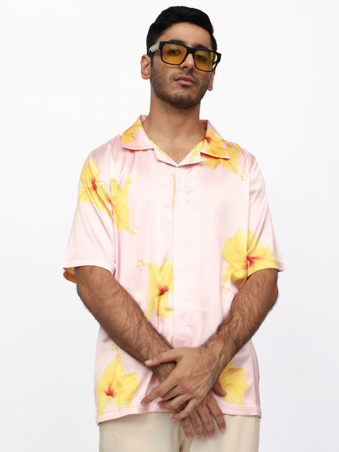 CLUBHAVANA Hibiscus Paradise Comfort Fit Floral Printed Premium Soft Satin Casual Shirt