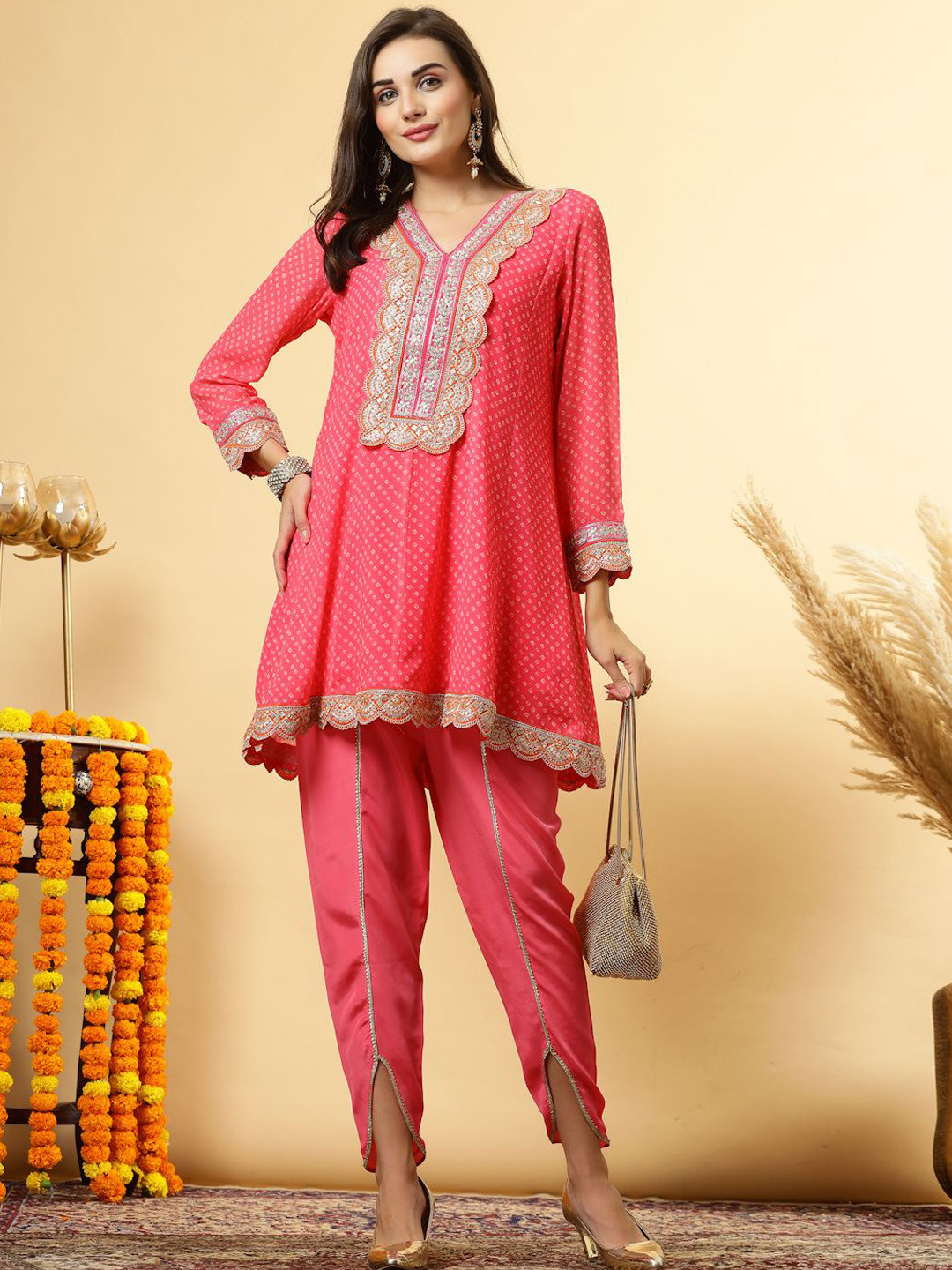 Get Glamr Women Bandhani Printed Regular Gotta Patti Fusion Kurta with Dhoti Pants