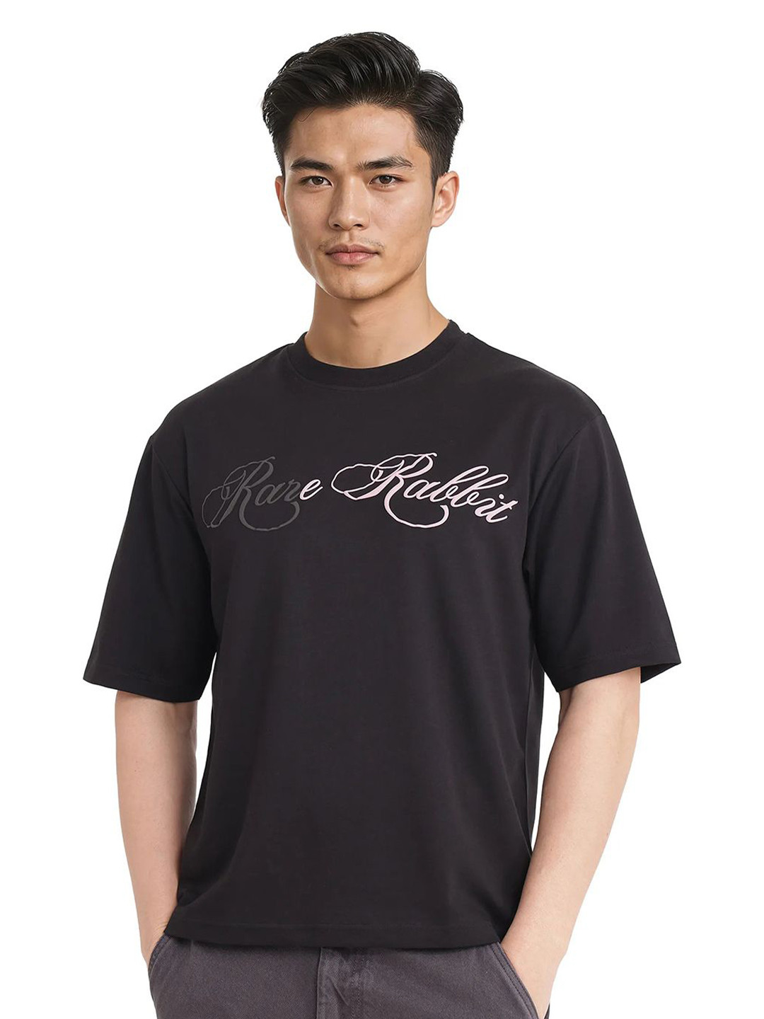 RARE RABBIT Men LOP Typography Printed Round Neck Cotton Relaxed Fit T-shirt