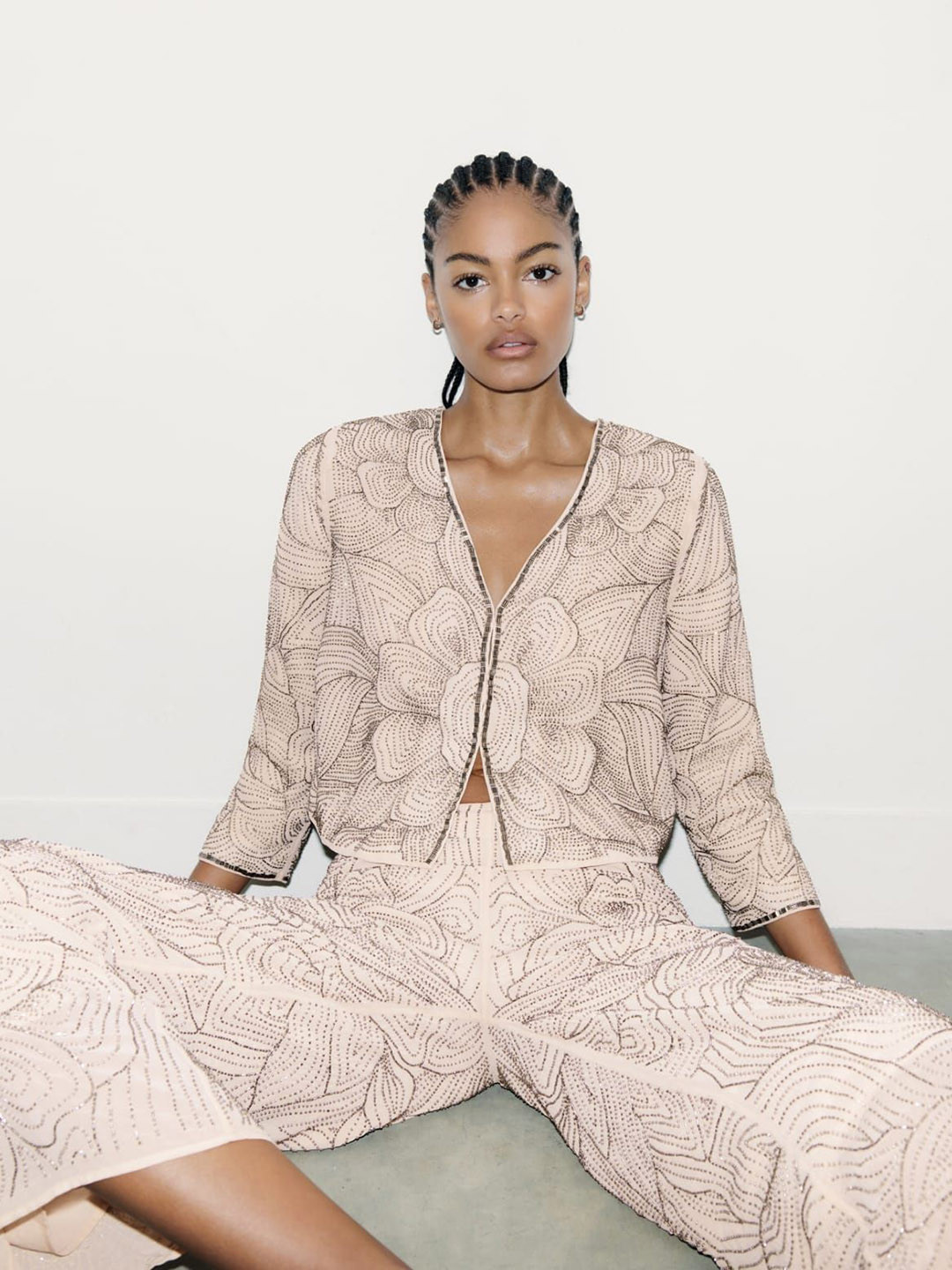 Marks & Spencer Women Self Design Floral Sequined Tailored Jacket