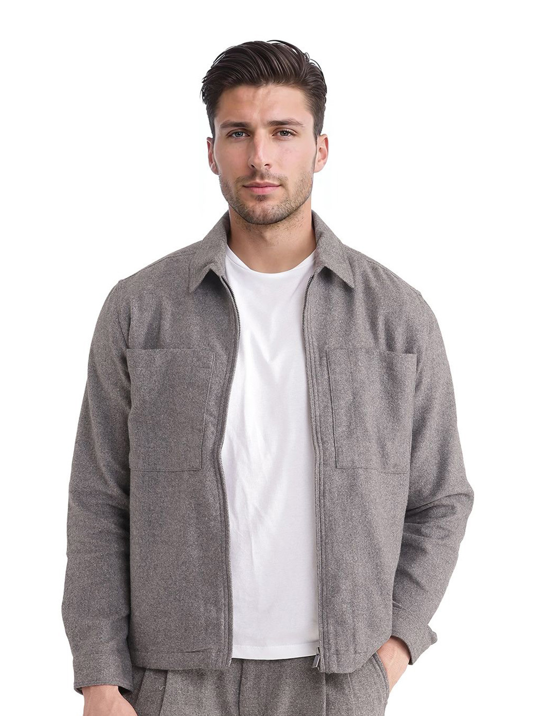 RARE RABBIT Men Grey Regular Fit Plain Casual Shacket