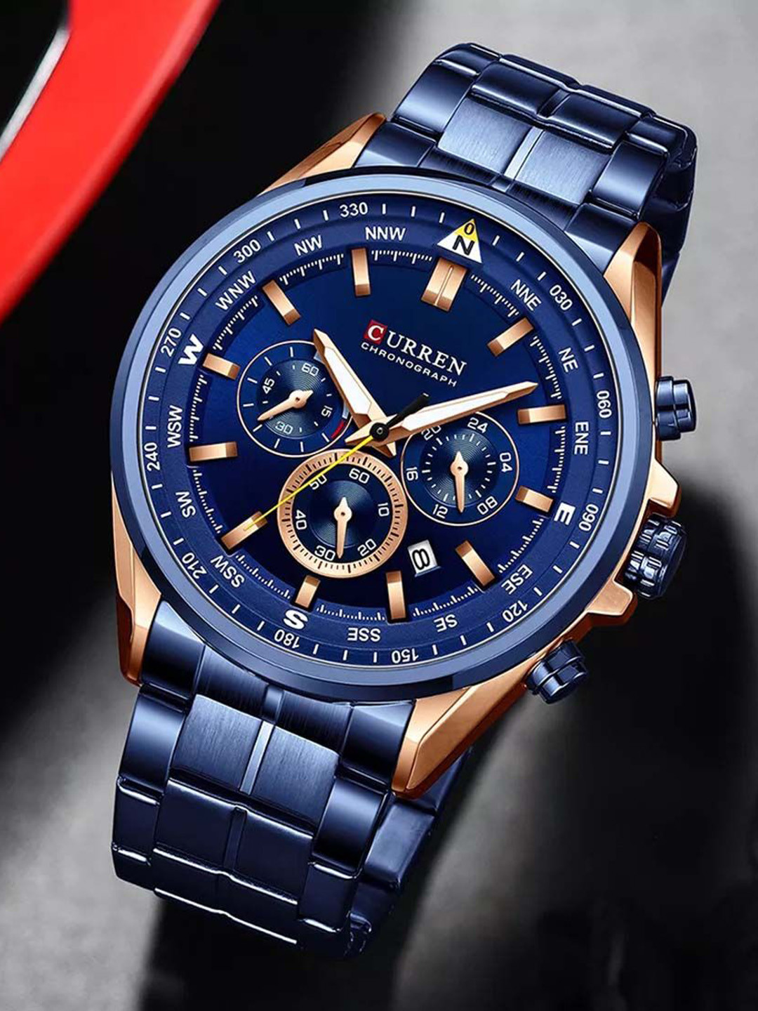 Curren Men Brass Dial & Stainless Steel Wrap Around Analogue Watch-CR-8399-Rose Blue