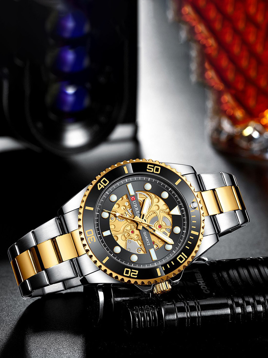 Curren Men Brass Embellished Dial & Stainless Steel Around Analogue Watch CR-8412-TT-Black