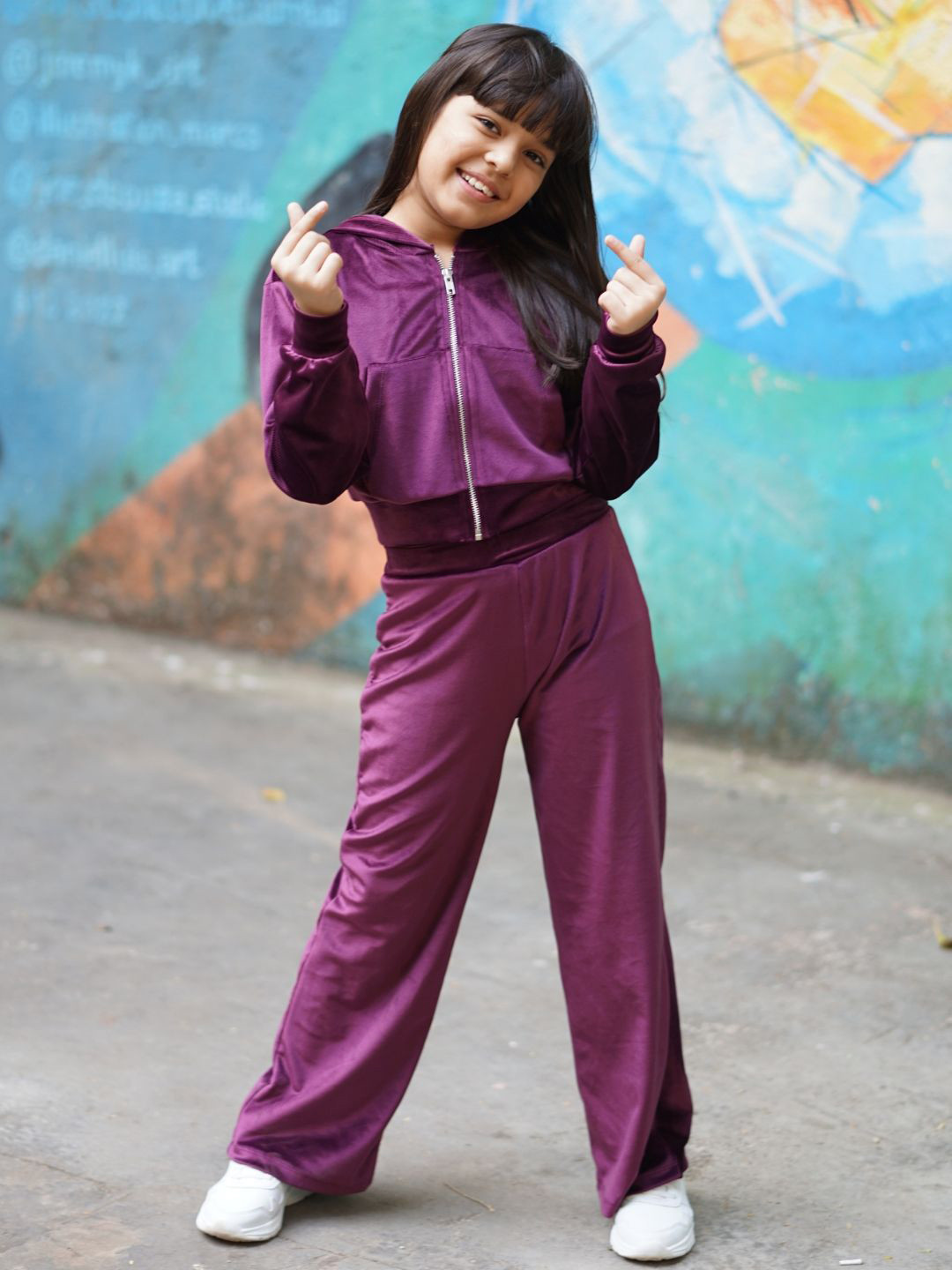 Nap Chief Girls Burgundy Textured Velour Relaxed Fit Soild Crop Hoodie with Trousers