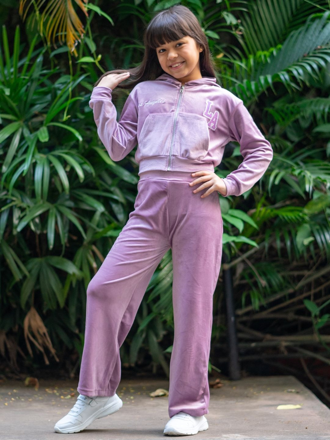 Nap Chief Girls Los Angeles Velour Polyester Relaxed Fit Crop Hoodie with Trousers