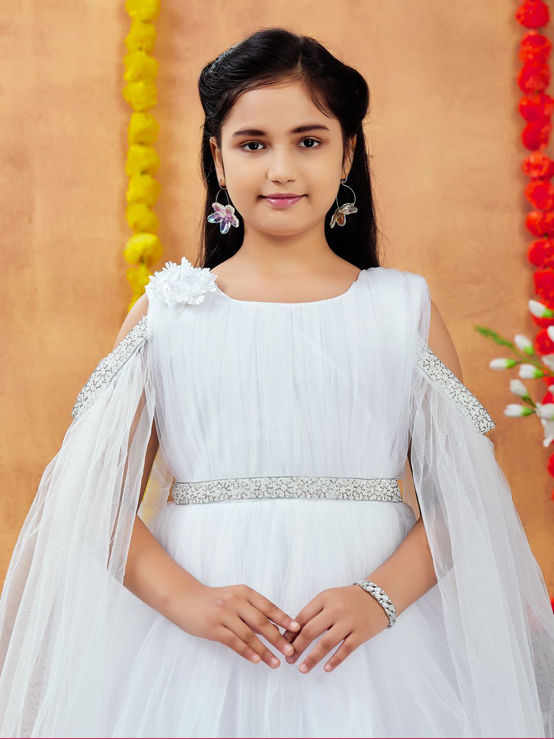 Aarika Girls Embellished Net Fit and Flare Cold-Shoulder Sleeves Midi Party Dress