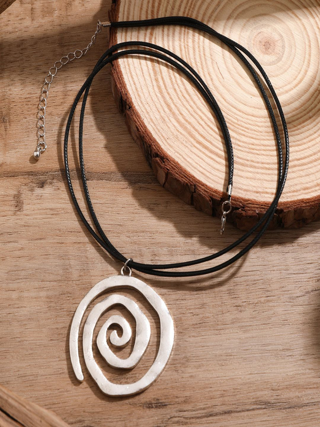 AQUASTREET Men Silver Spiral Boho Bohemian Pendant with Adjustable Black Cord