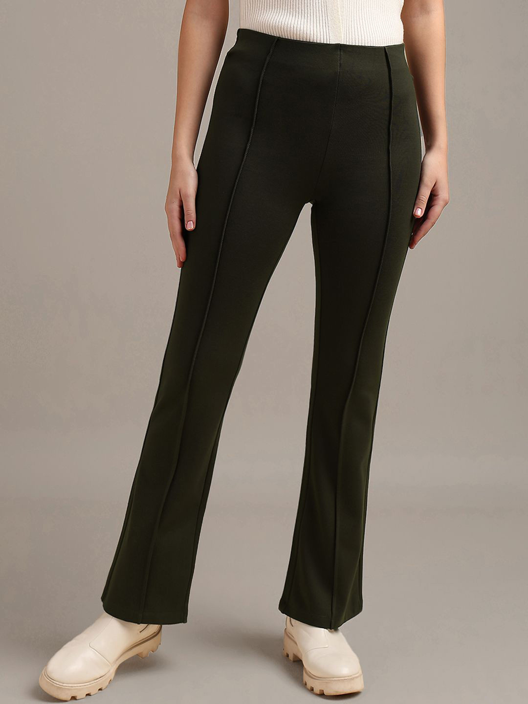 The Roadster Lifestyle Co Women Front Pintuck Mid-Rise Flared Trousers