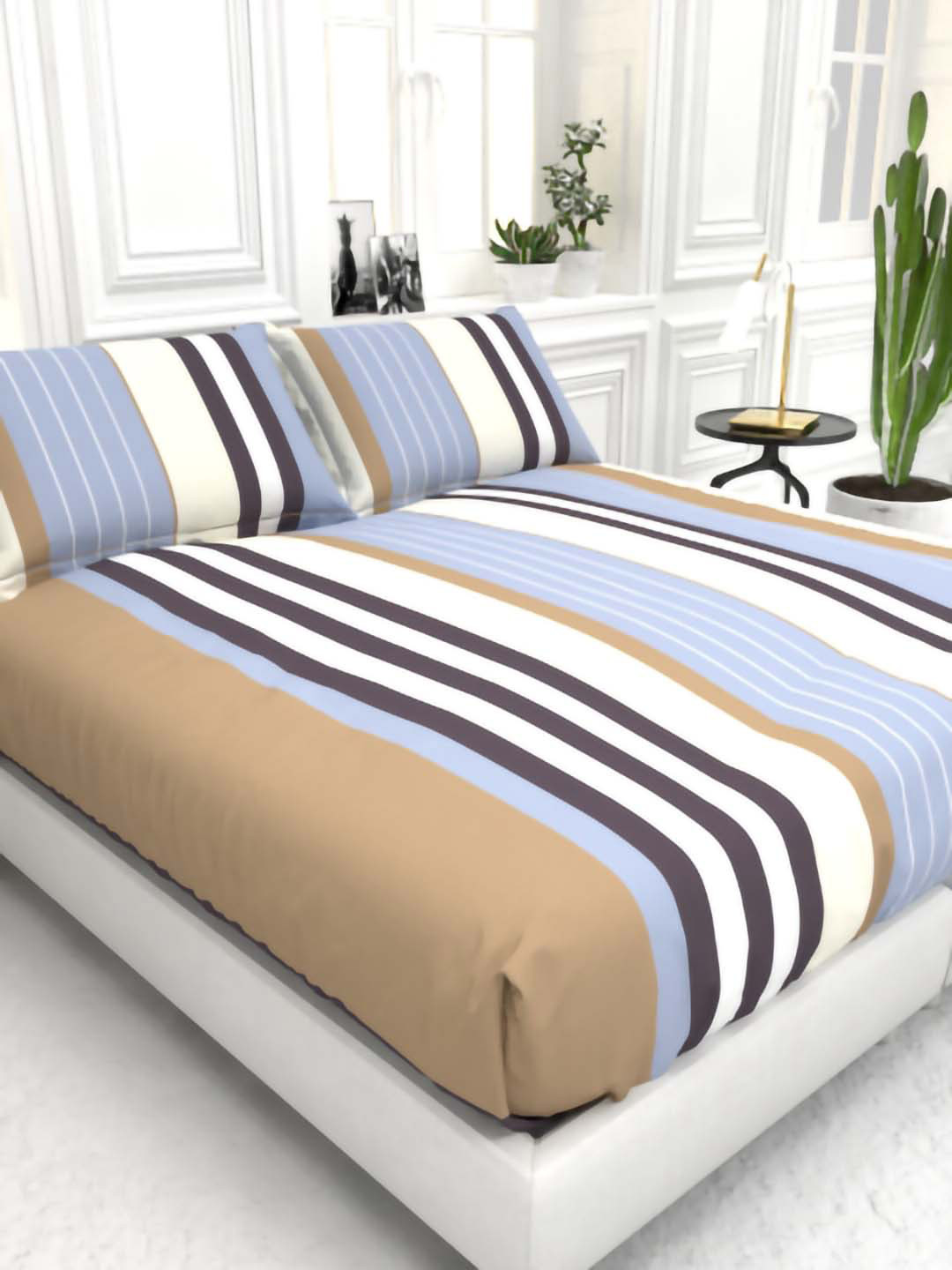 THE WHITE MOSS Ida Blue Striped Microfiber 144 TC Fitted Queen Bedsheet with 2 Pillow Covers-89 x 100 inches