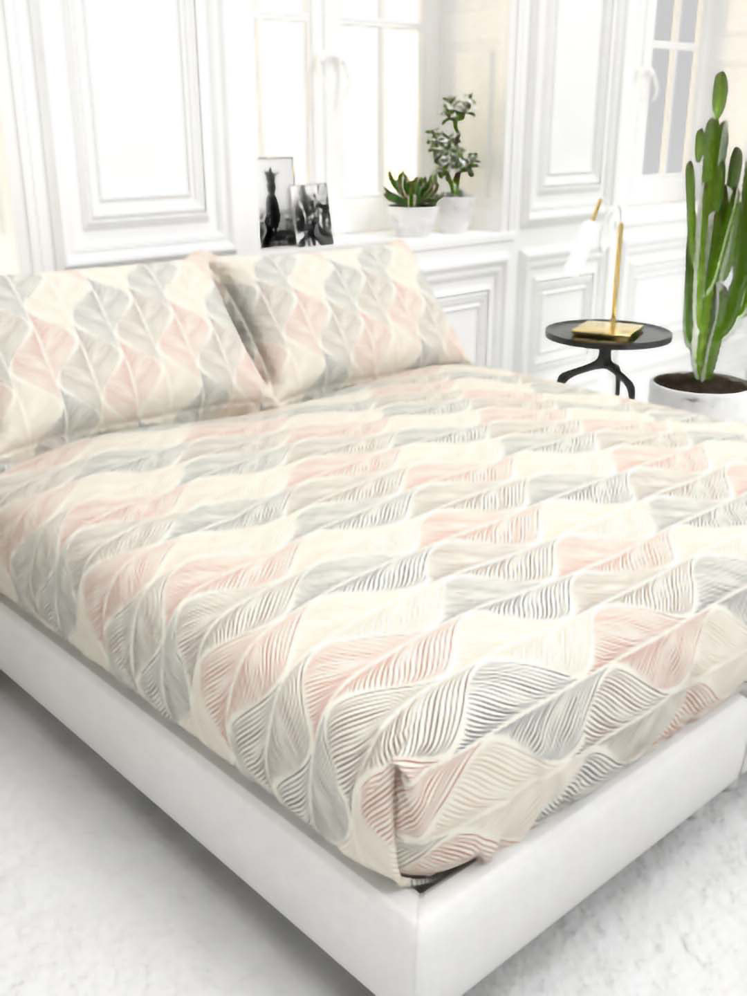 THE WHITE MOSS Ida Cream Leaf Microfiber 144 TC Queen Bedsheet with 2 Pillow Covers-89 x 89 inches