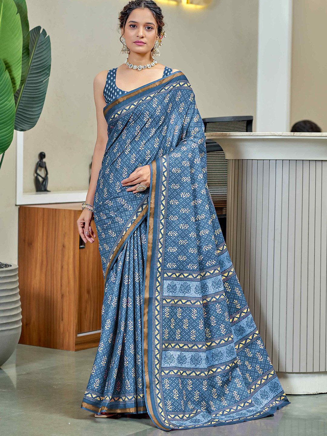HERE&NOW Ajrak Block Zari Pure Cotton Bagru Saree