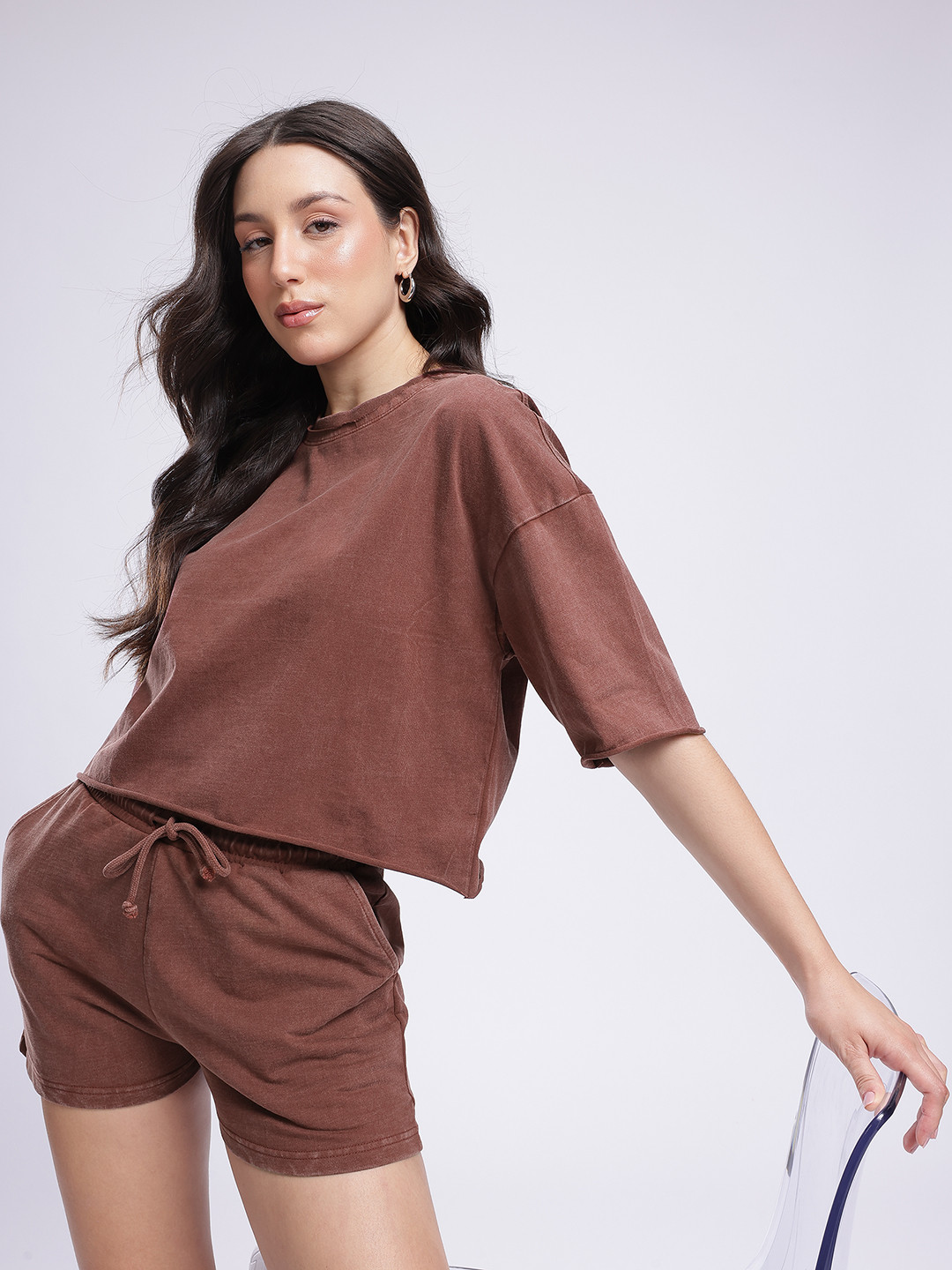 glitchez Cotton Terry Relaxed Fit Washed Effect Raw Edge T-shirt & Shorts