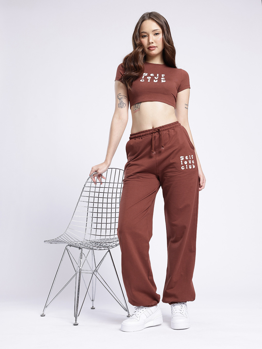Self Love Club Printed Crop T-shirt with Trousers Co-Ords Set