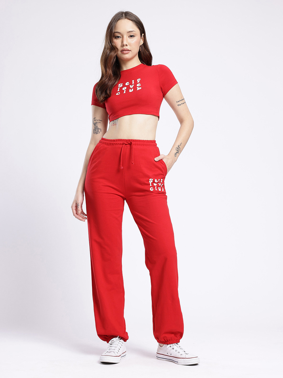 Self Love Club Printed Crop T-Shirt with Trousers Co-Ords