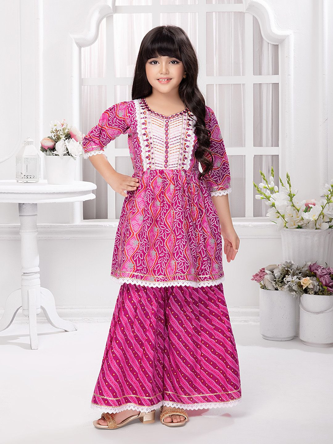 Tiny Kingdom Girls Bandhani Printed Regular Thread Work Kurta With Sharara