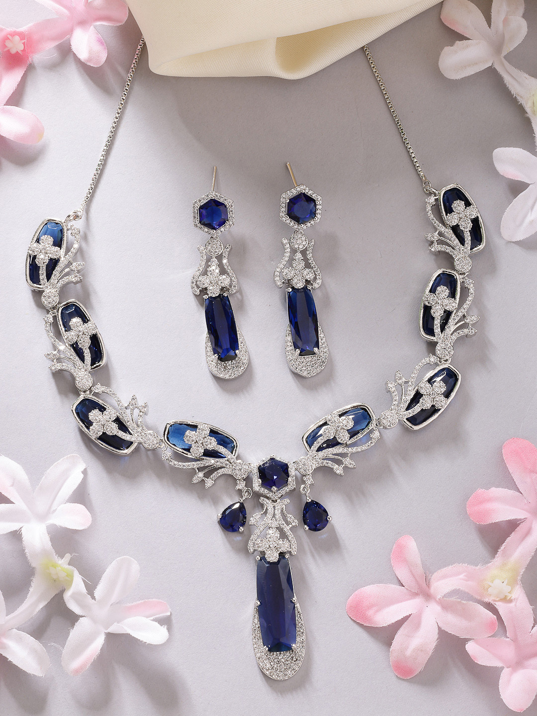 ZENEME Rhodium-Plated Elegant Blue Bloom American Diamond Necklace & Earring Set