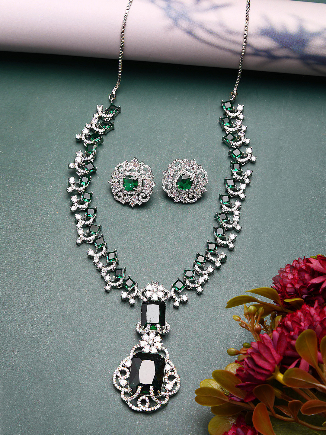 ZENEME Rhodium-Plated Celebrity Inspired Green American Diamond Necklace & Earring Set