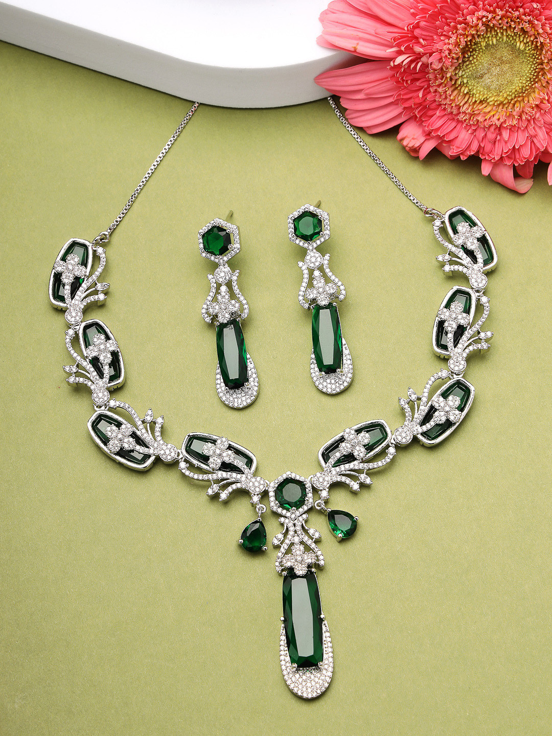 ZENEME Rhodium-Plated Elegant Emeralds Bloom American Diamond Necklace & Earring Set