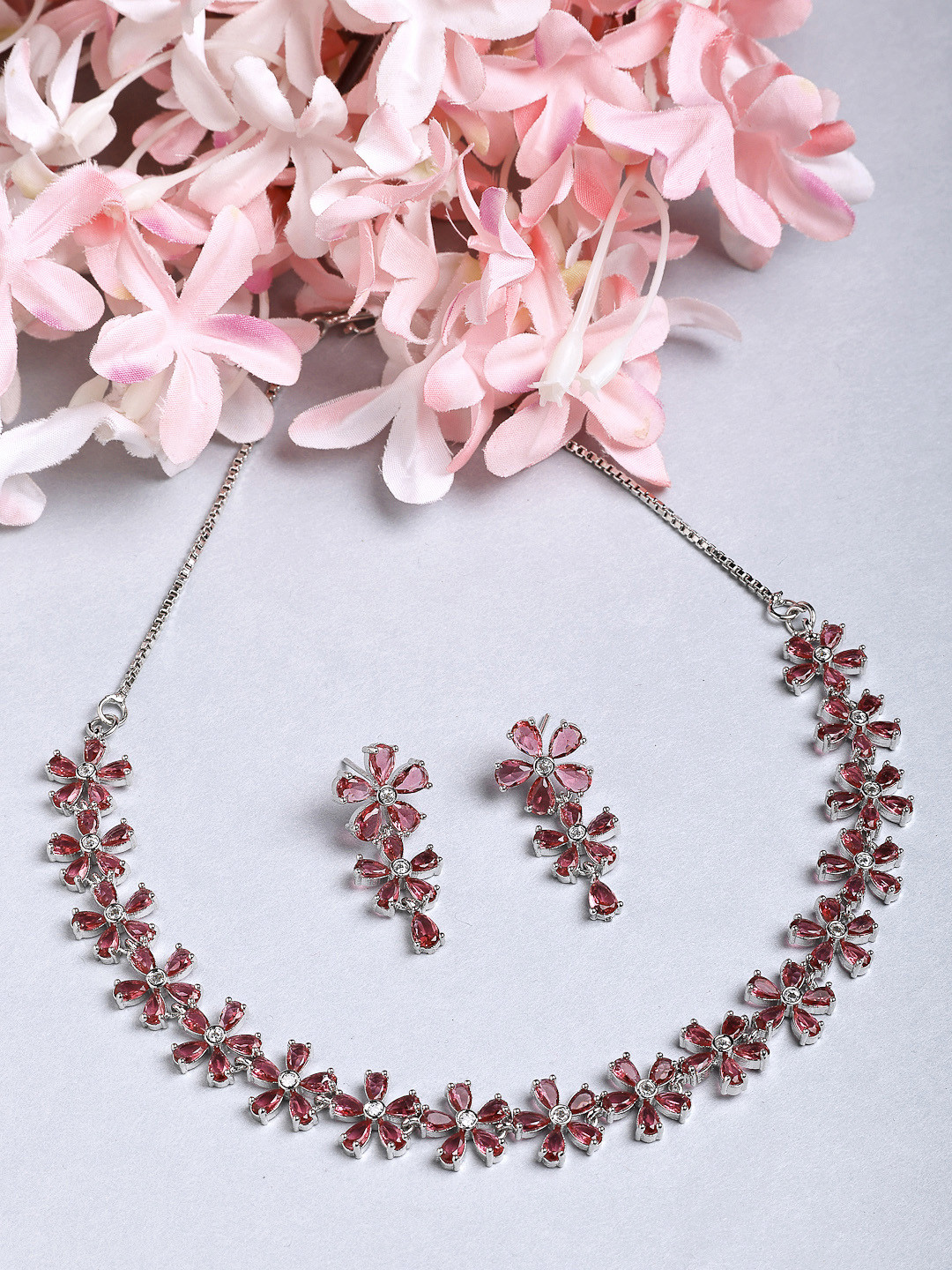 ZENEME Rhodium-Plated Red American Diamond Studded Flower Shaped Necklace Set