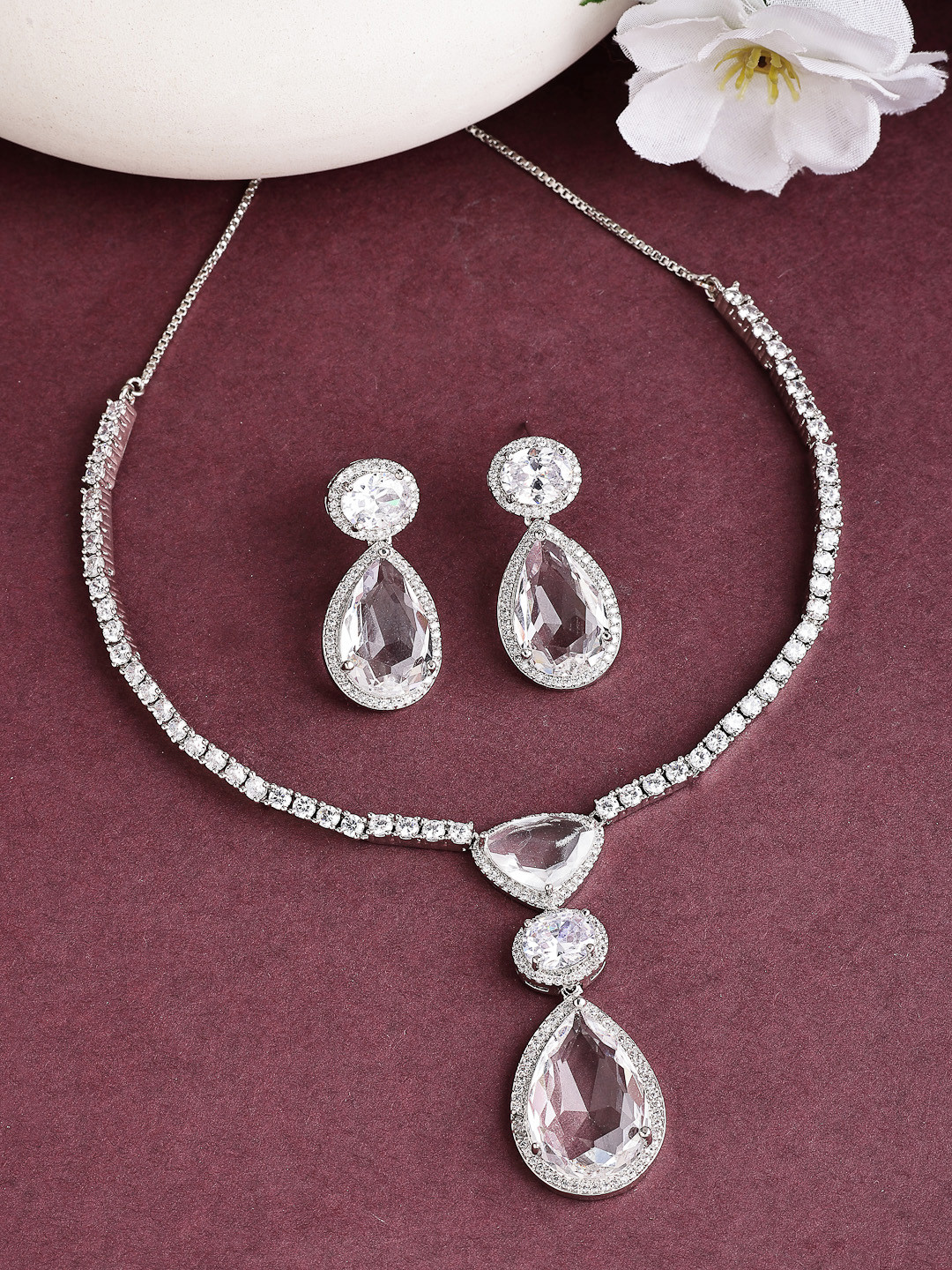 ZENEME Rhodium-Plated White American Diamond Studded Necklace & Earring Set