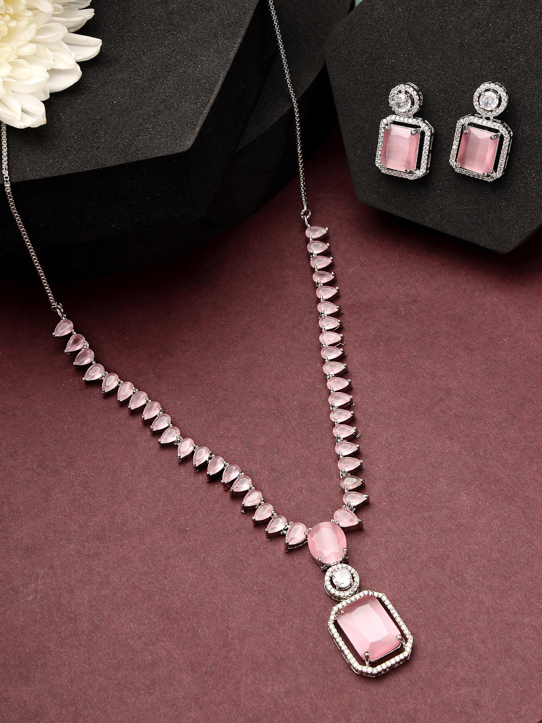 ZENEME Rhodium-Plated Silver Toned American Diamond Studded Pink Necklace & Earring Set