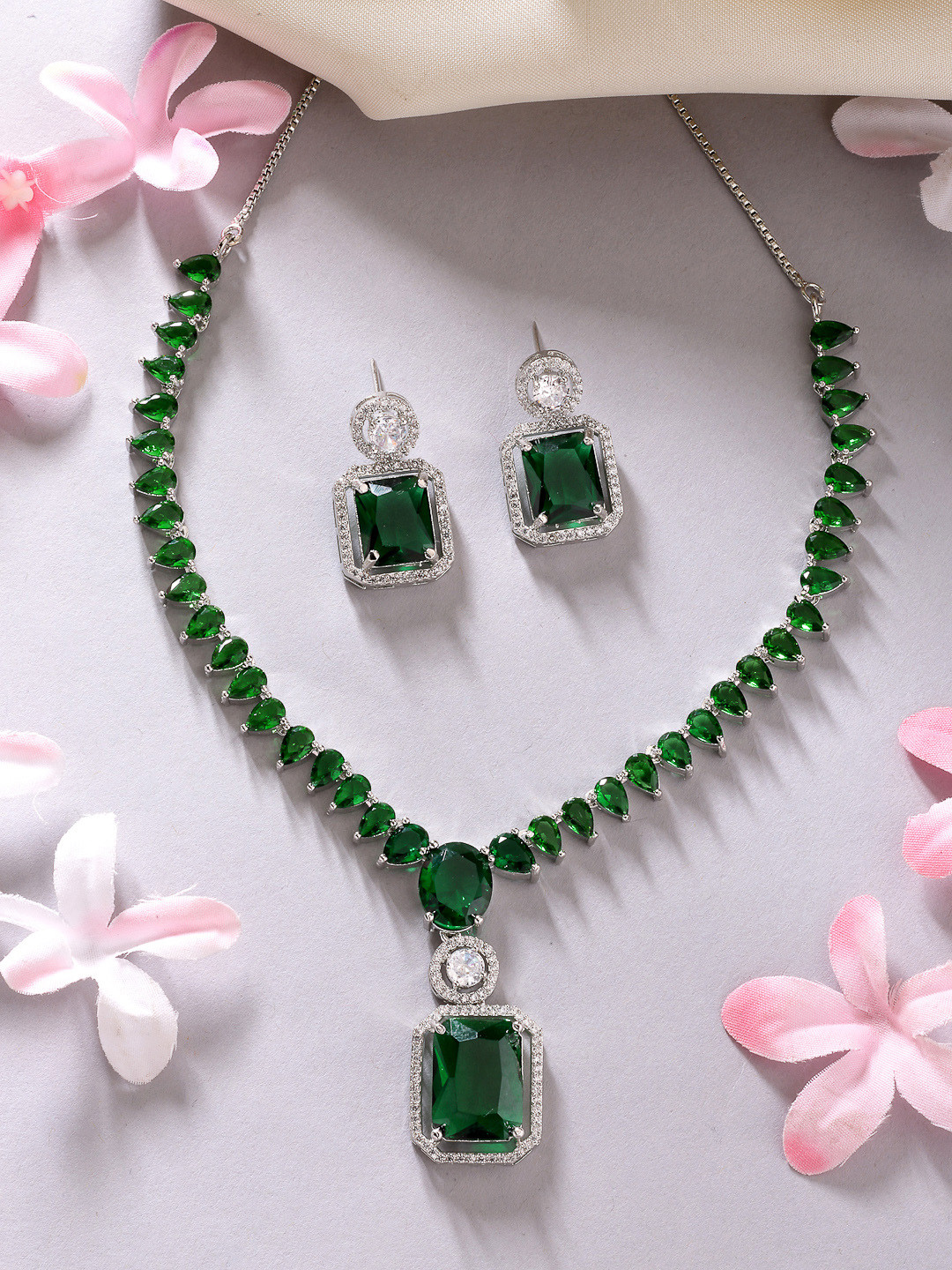 ZENEME Rhodium-Plated American Diamond Studded Green Necklace & Earring Jewellery Set