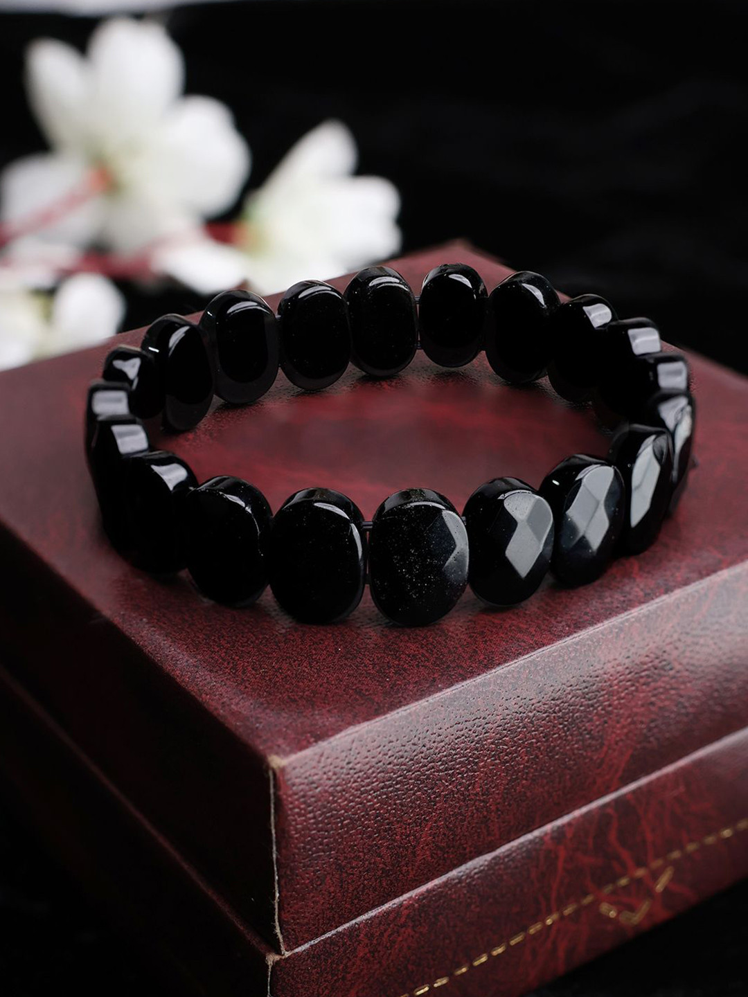 Shubhanjali Unisex Crystals Studded Obsidian Oval Faceted Elasticated Bracelet
