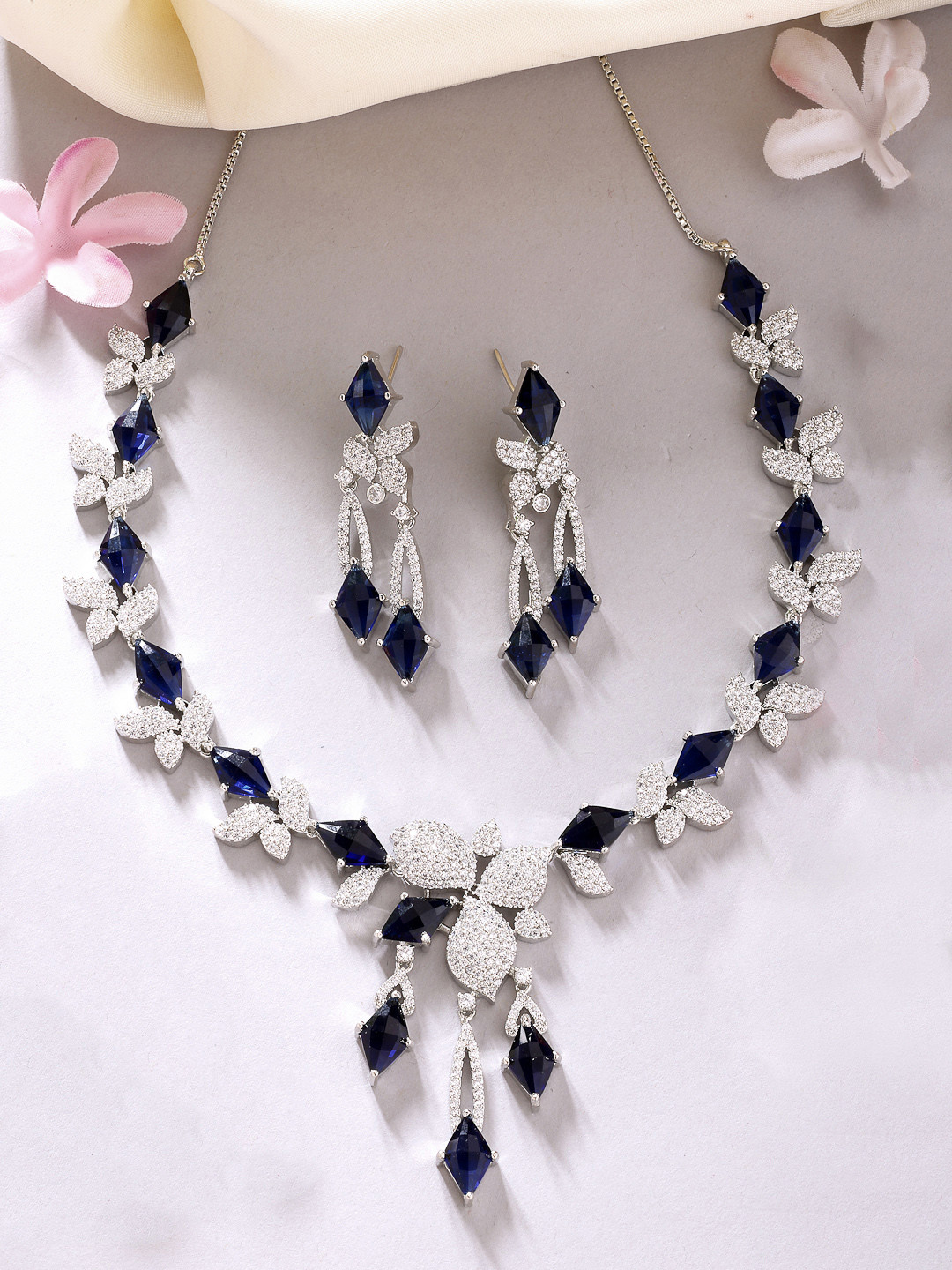 ZENEME Rhodium-Plated Royal Blue American Diamond Studded Necklace With Earring