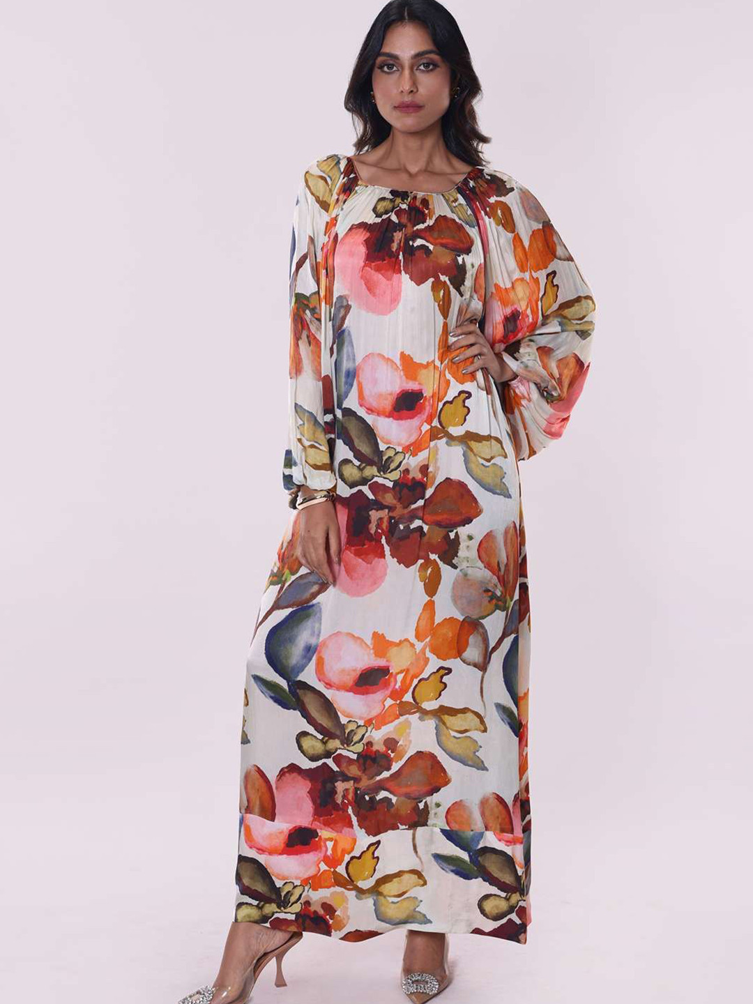 POPPI Women's Floral Rose Printed Cotton Maxi Dress