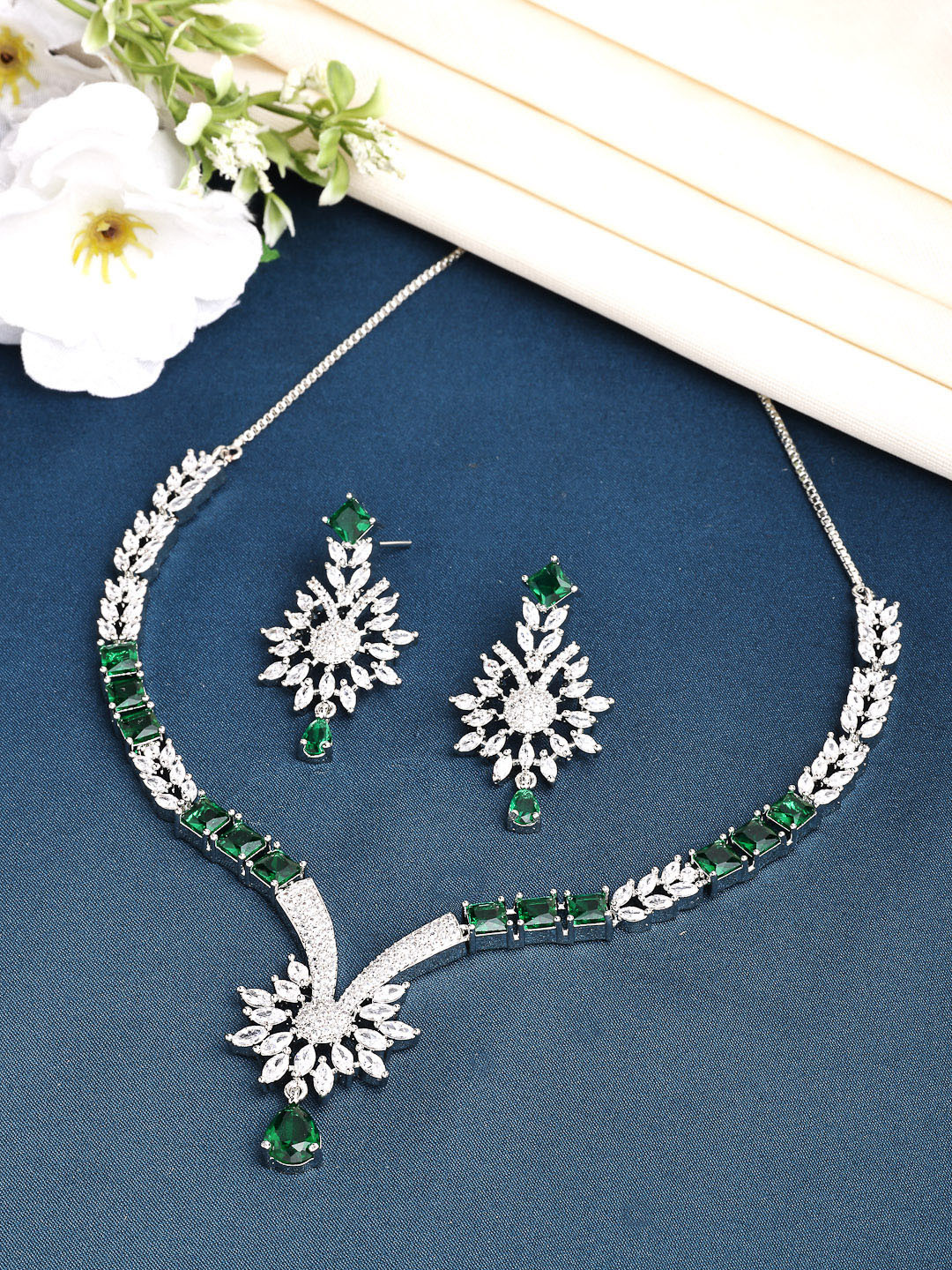 ZENEME Rhodium-Plated Floral Green American Diamond Necklace With Earring Set