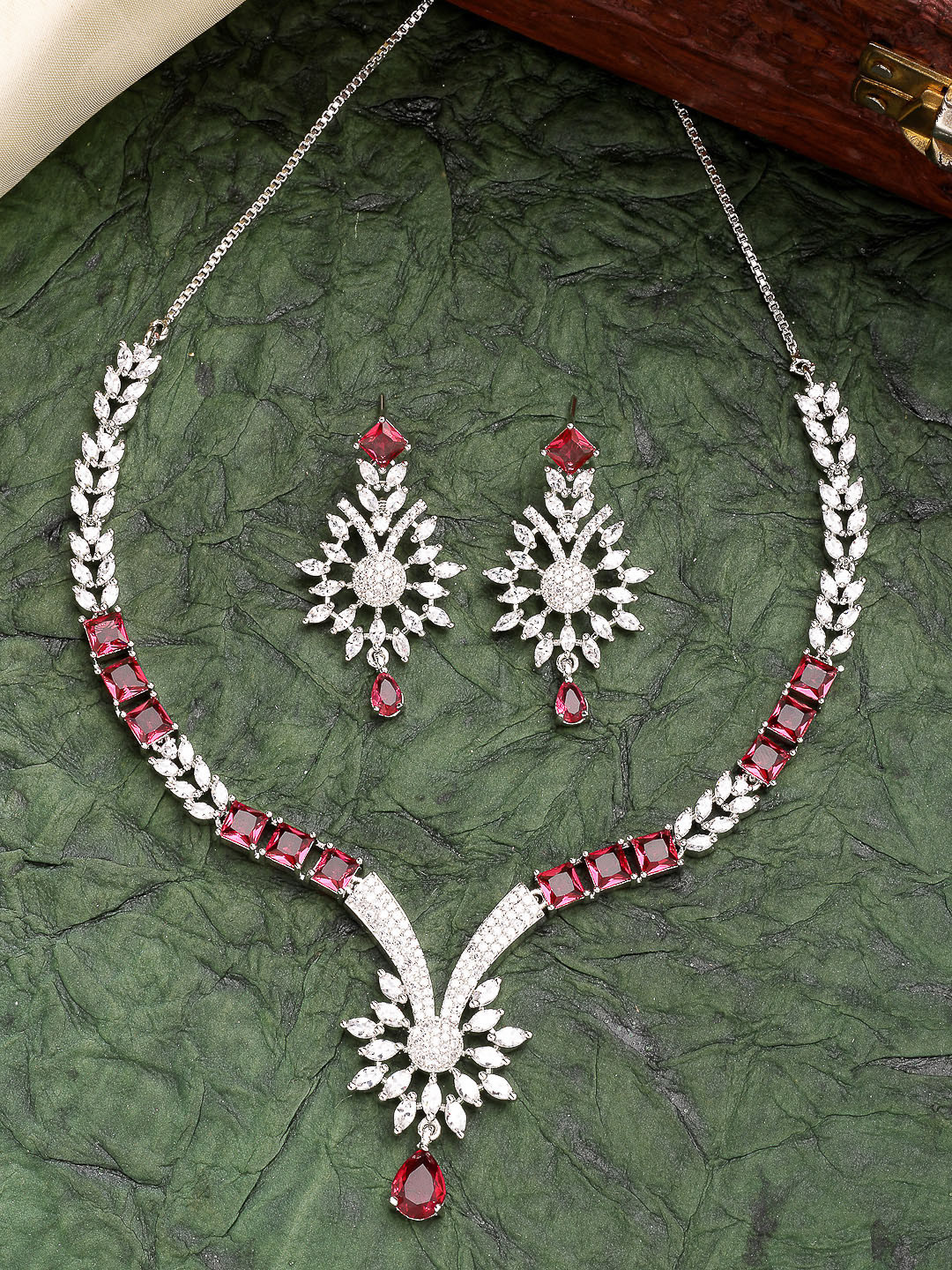 ZENEME Rhodium-Plated Floral Red American Diamond Necklace With Earring Set
