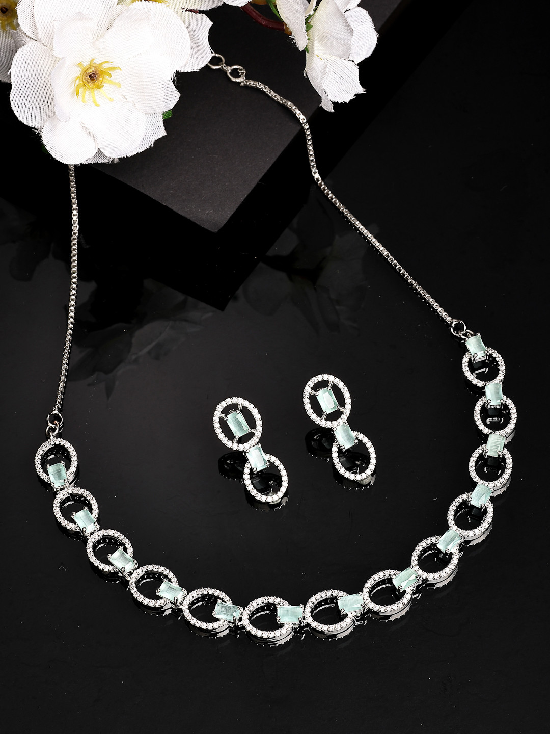 ZENEME Rhodium-Plated Geometrical Ocean Green American Diamond Necklace With Earring Set