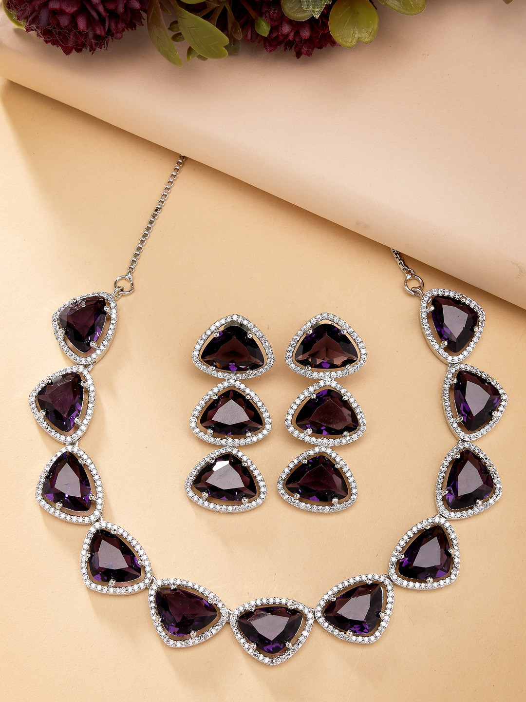 ZENEME Rhodium-Plated Timeless Design American Diamond Purple Necklace & Earring Set