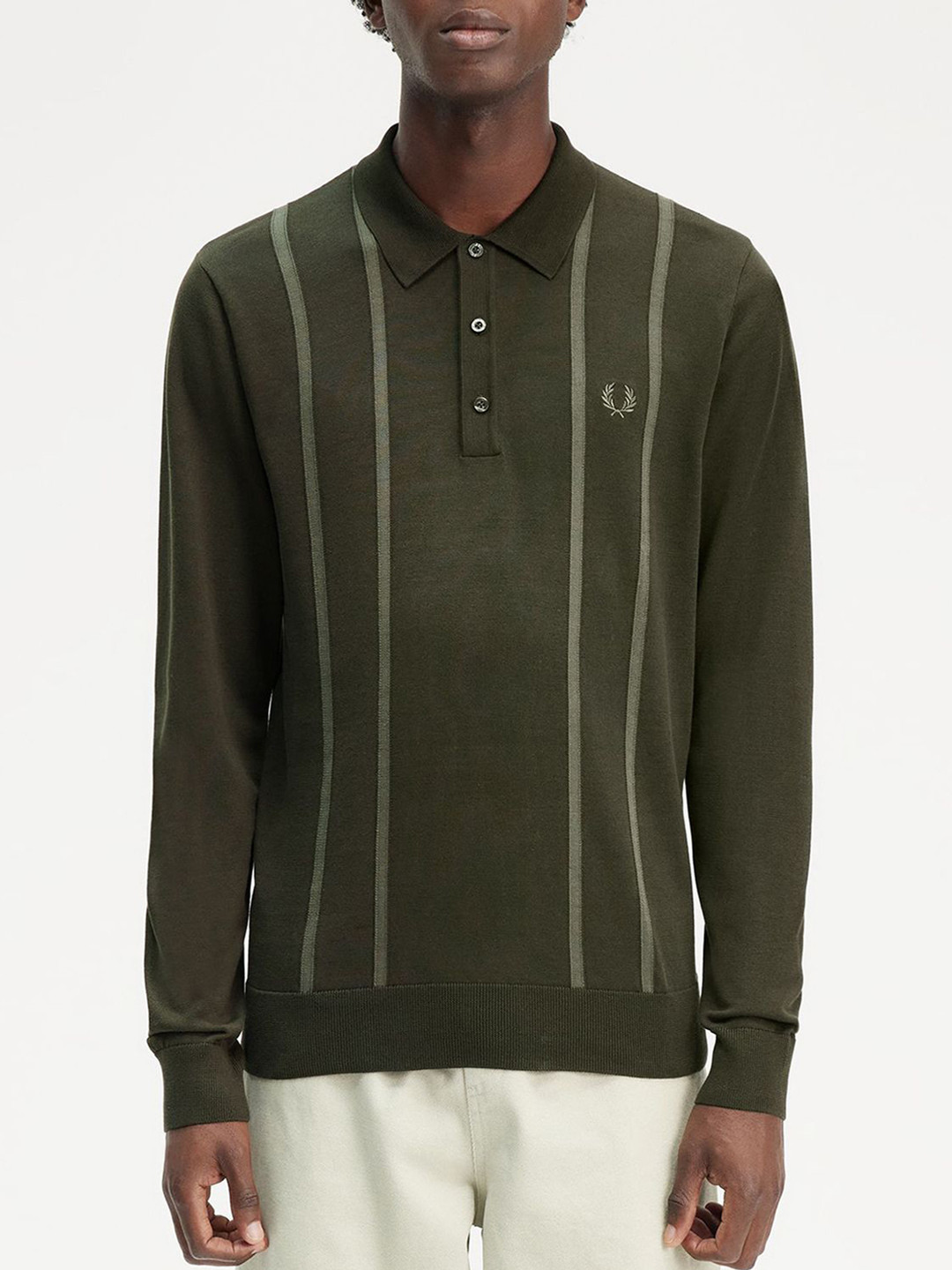 Fred Perry Men Striped Shirt Collar Cotton Ribbed Sweatshirt