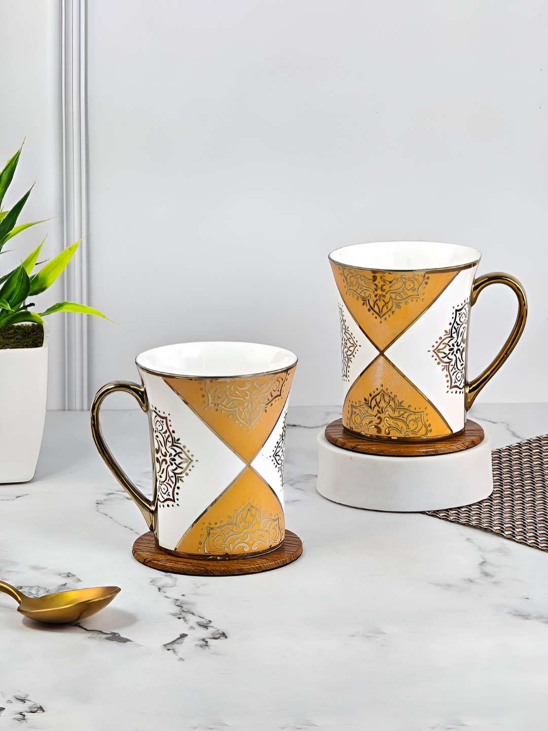 UPC Gift for Couples Gold Ethnic Motifs Ceramic Handmade 2 Piece Cups-280ml