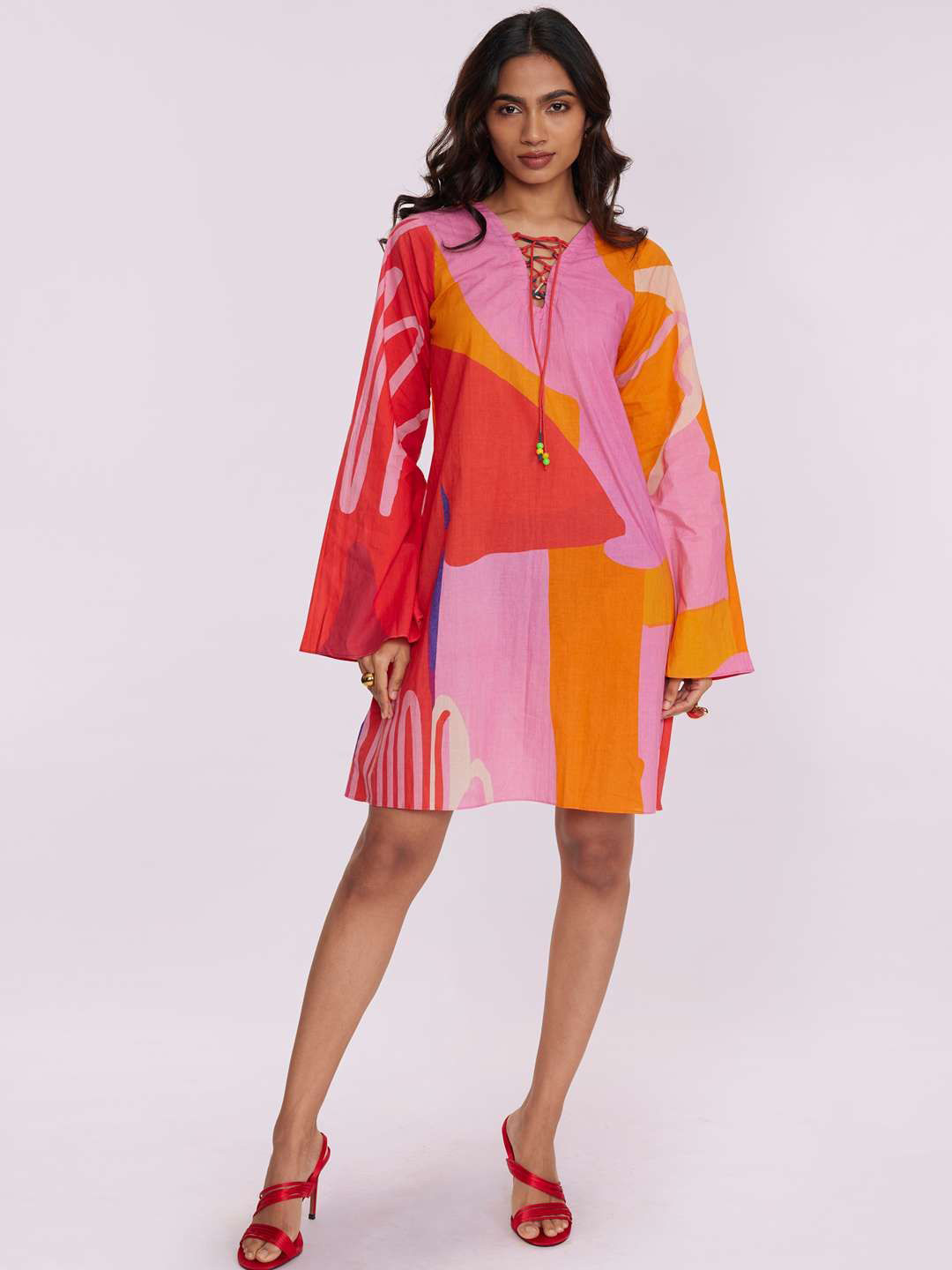 POPPI Women Splash Printed Flared Sleeve Cotton A-Line Mini Dress