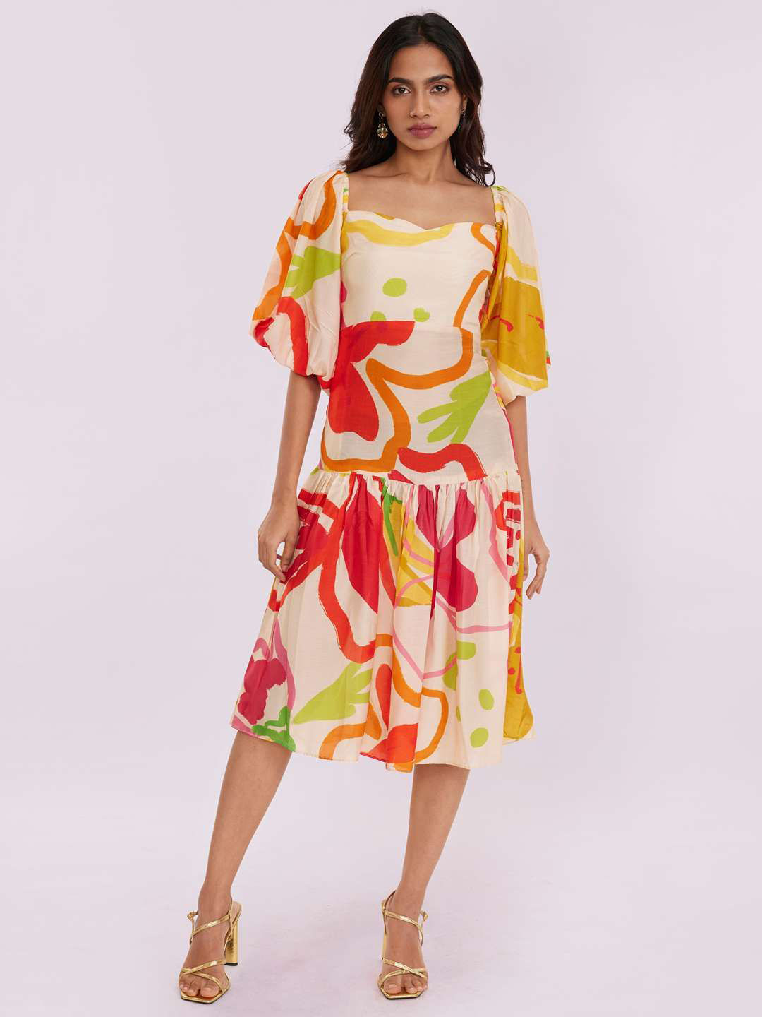 POPPI Women Petal Printed Cotton Fit & Flare Midi Dress