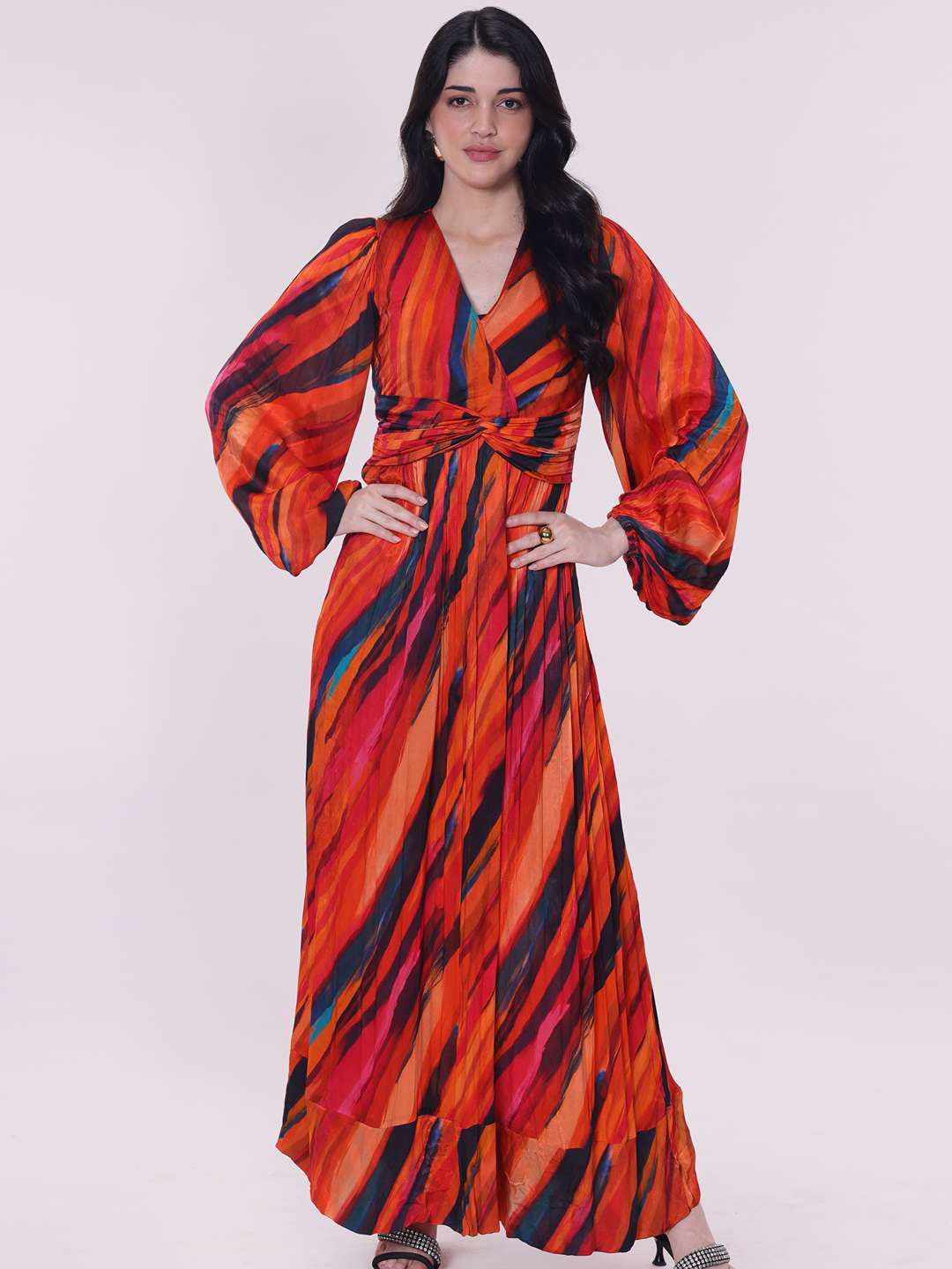 POPPI Women Sepia Printed V-neck Puff Sleeve Cotton Maxi Dress