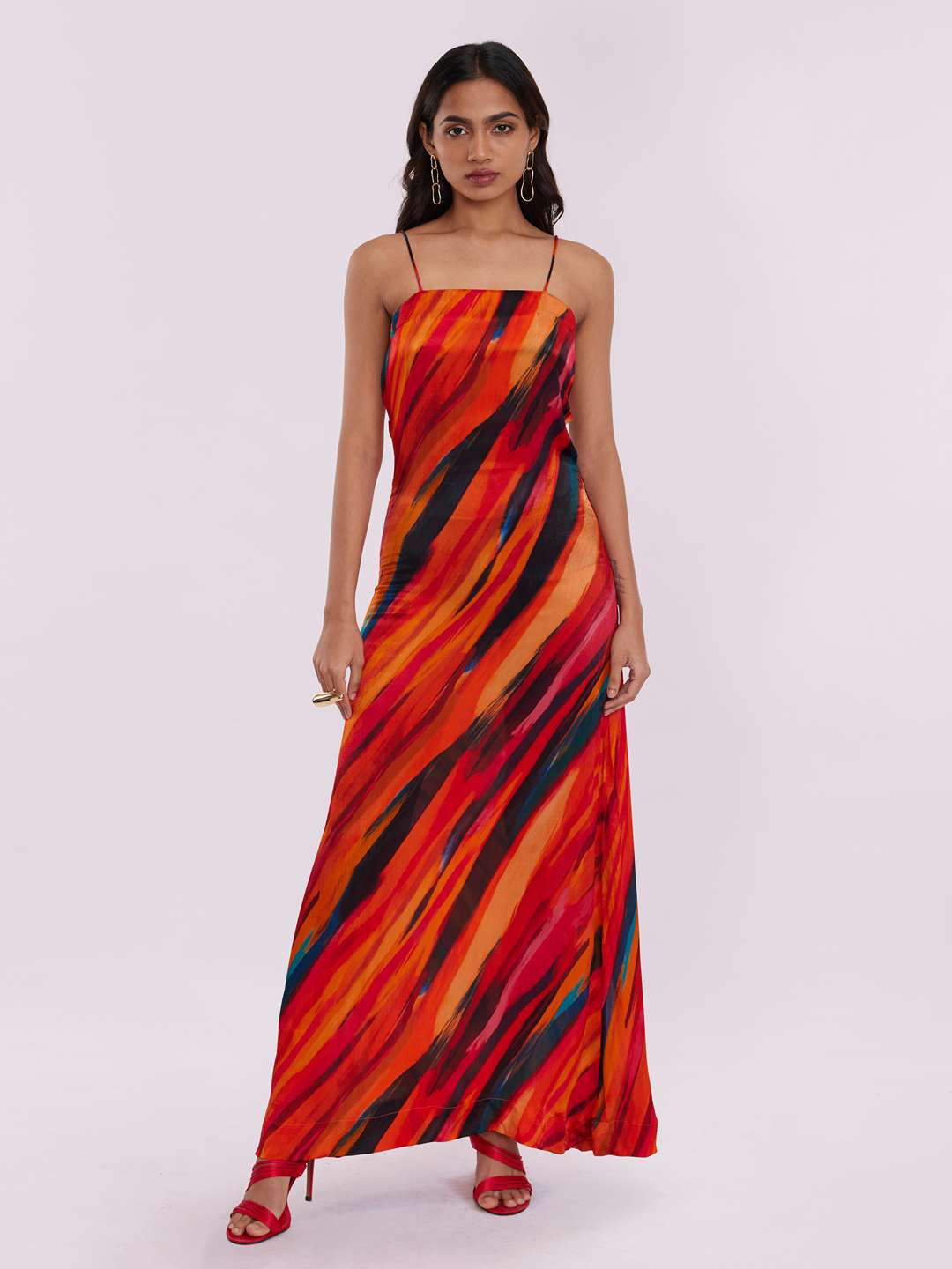 POPPI Women Sepia Printed Cotton Maxi Slip Dress