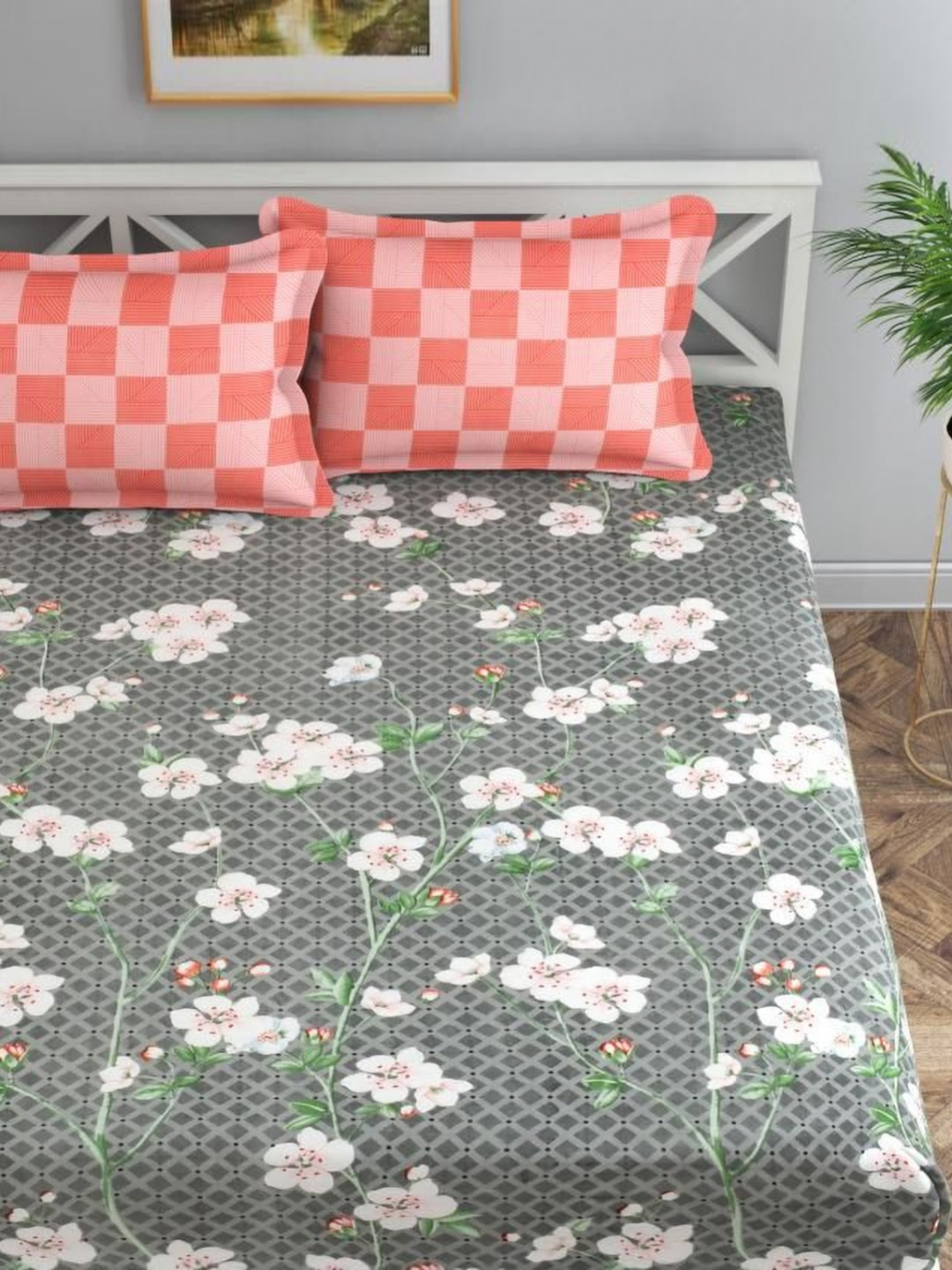 Florida Abstraction Grey Floral Microfiber 200 TC Queen Fine Bedsheet with 2 Pillow Covers-228 x 245 cm