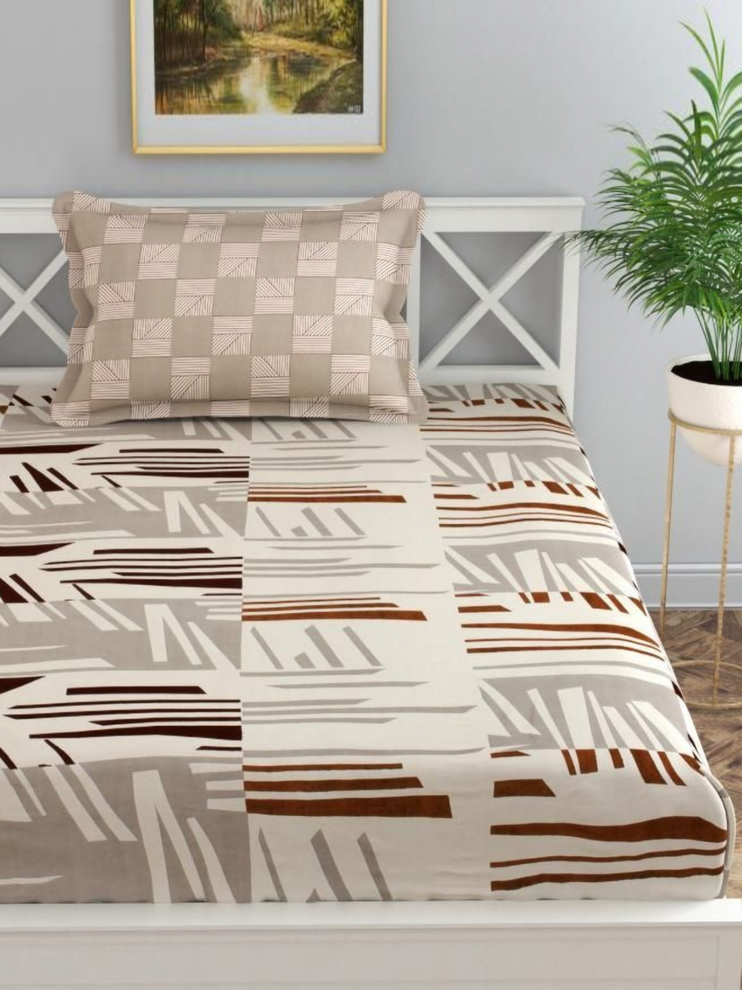 Florida Prime Beige Geometric Microfiber 200 TC Fitted Single Fine Bedsheet with a Pillow Cover-61 x 90 inches