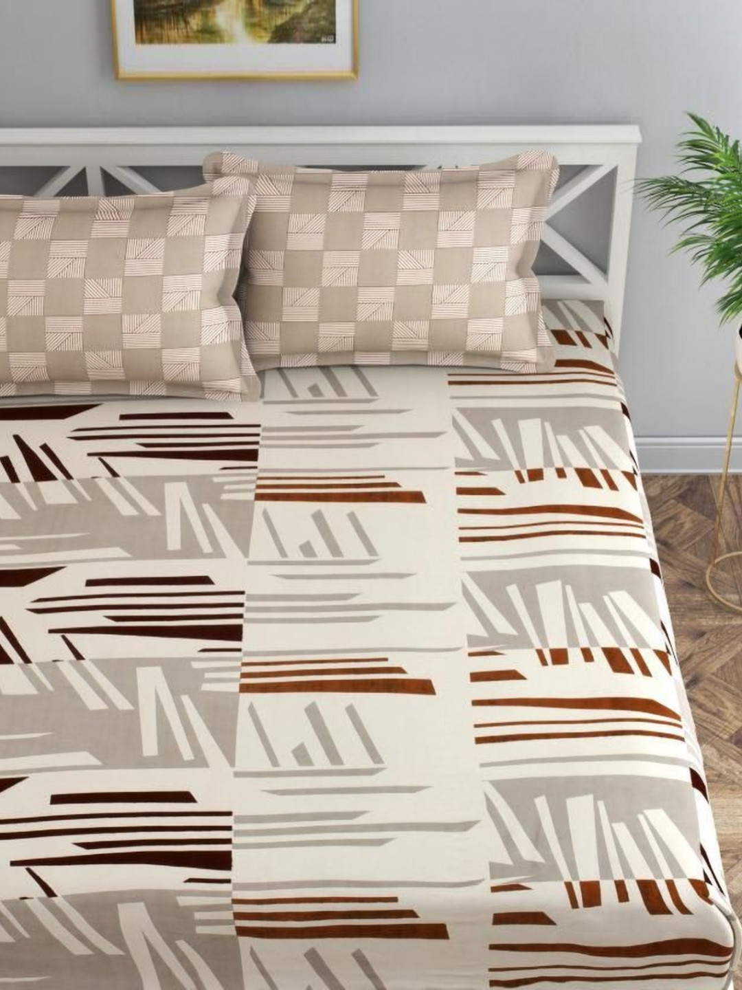 Florida Prime Beige Checked Microfiber 200 TC Fitted Queen Fine Bedsheet with 2 Pillow Covers-72 x 78 inches
